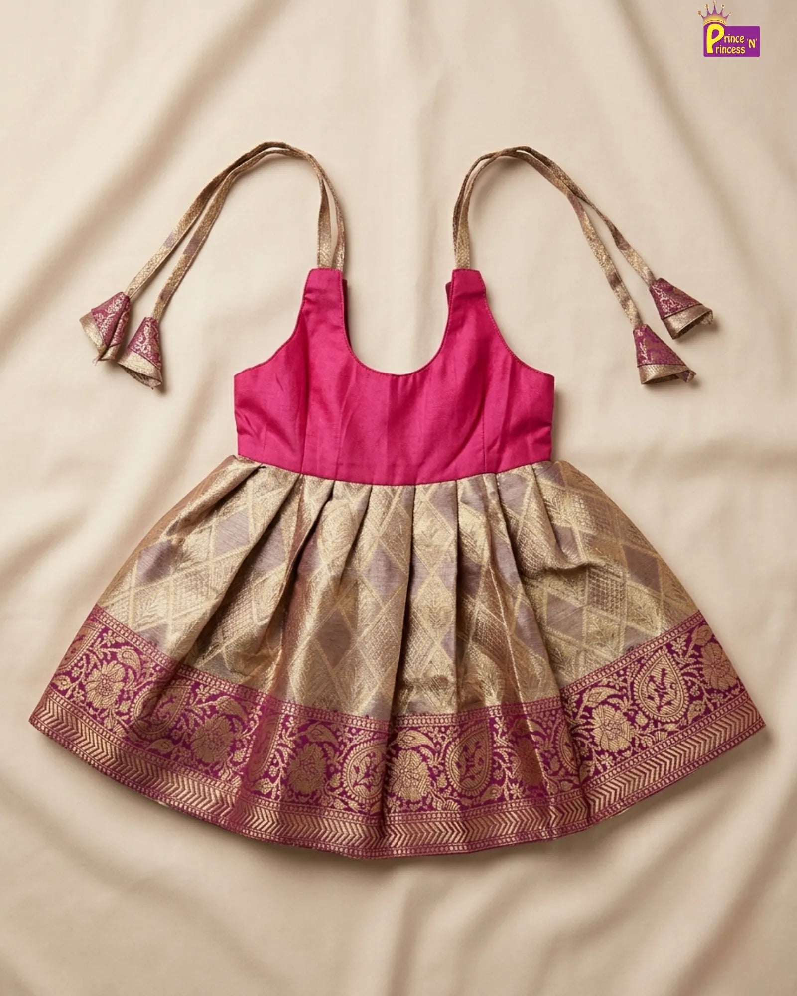 Newborn Golden Pink Banarasi Silk Pattu Frock - Naming Ceremony Dress LF1875 for kids festival wear