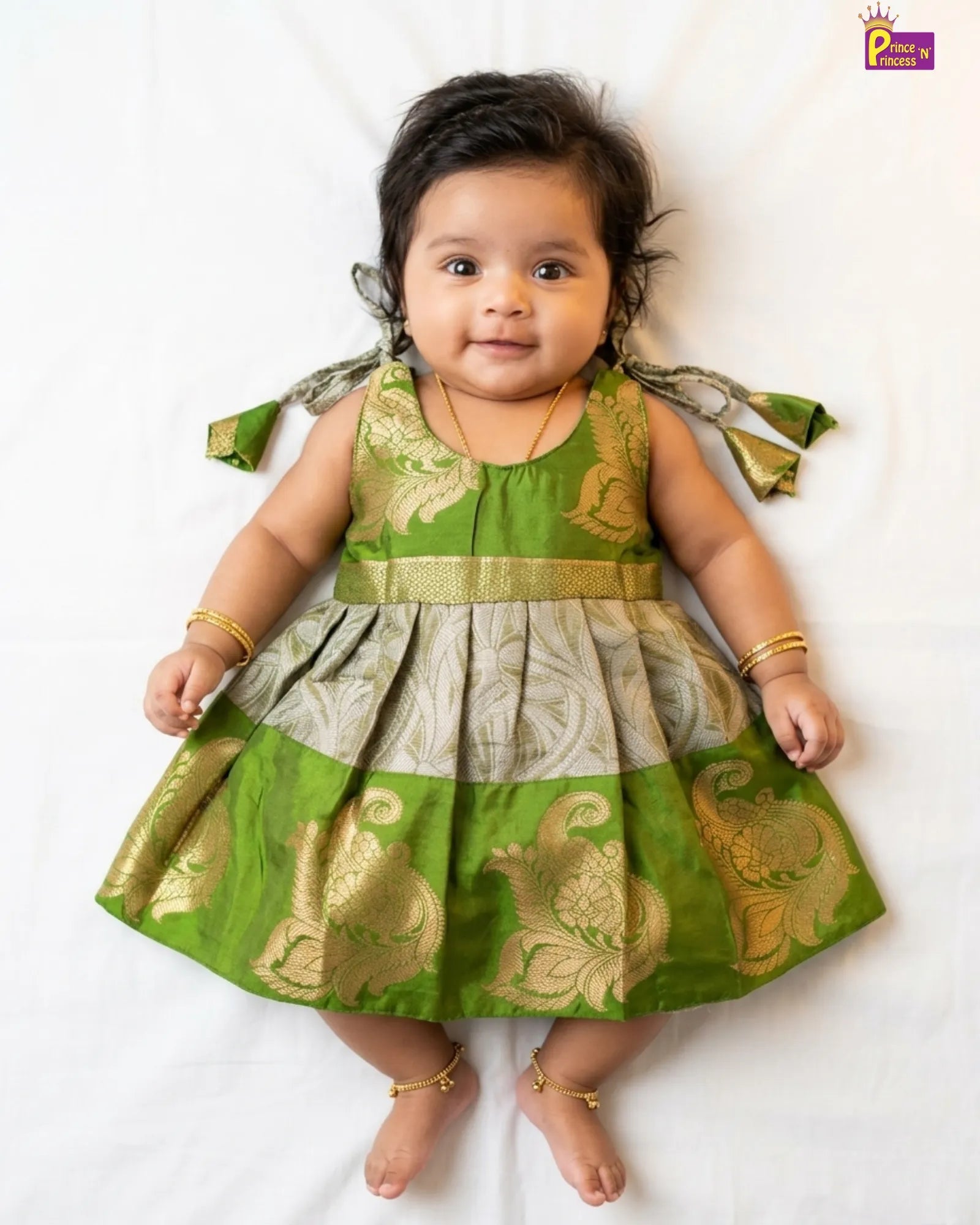 Newborn Green Banarasi Silk Pattu Frock - Baby Skin Friendly LF1817 for kids festival wear