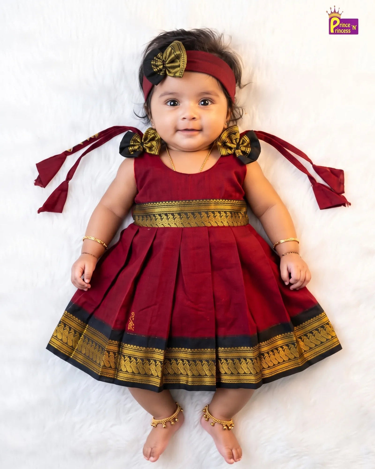 Newborn Kalyani Cotton Traditional Dress - Maroon Dark Green Zari Frock + Headband LF2074 for kids festival wear
