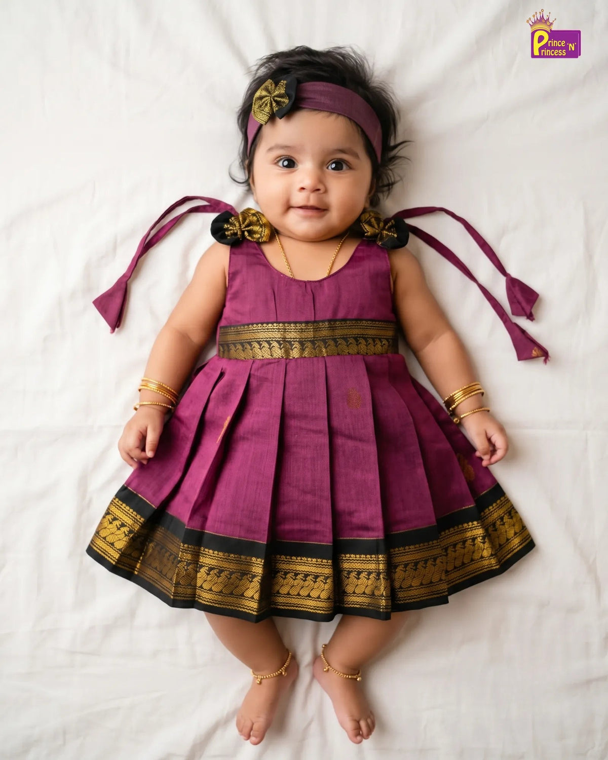 Newborn Kalyani Cotton Traditional Dress - Mauve Dark Green Zari Frock + Headband LF2063 for kids festival wear