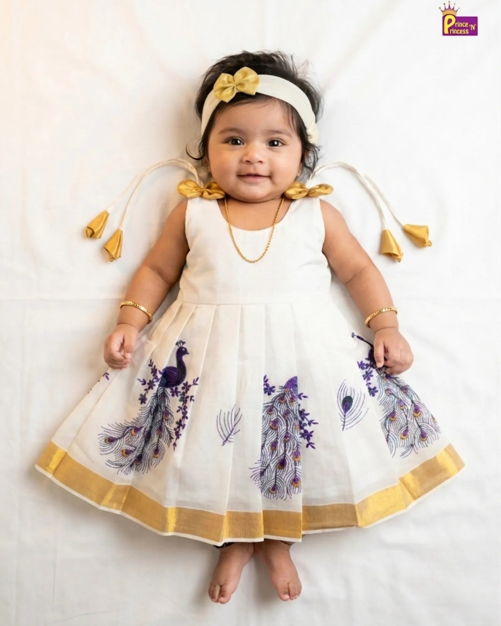 Newborn Kerala Kasavu Pattu Frock Half White | Onam Baby Dress With Hairband + Hairband LF585 for kids festival wear