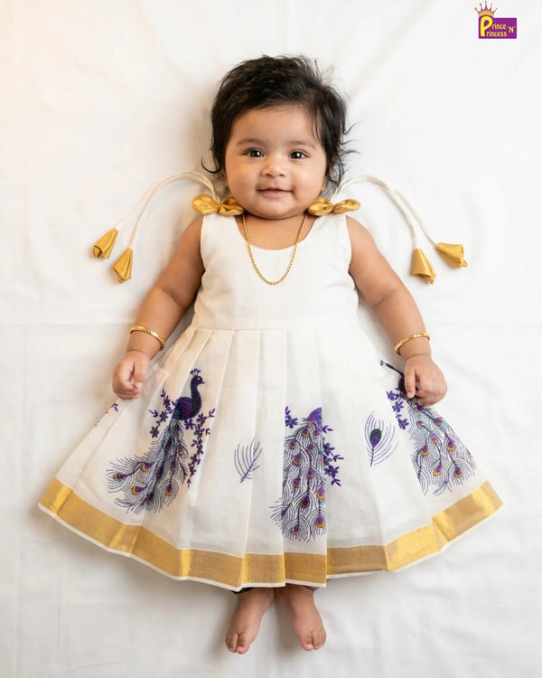 Newborn Kerala Kasavu Pattu Frock Half White | Onam Vishu Baby Dress LF585
