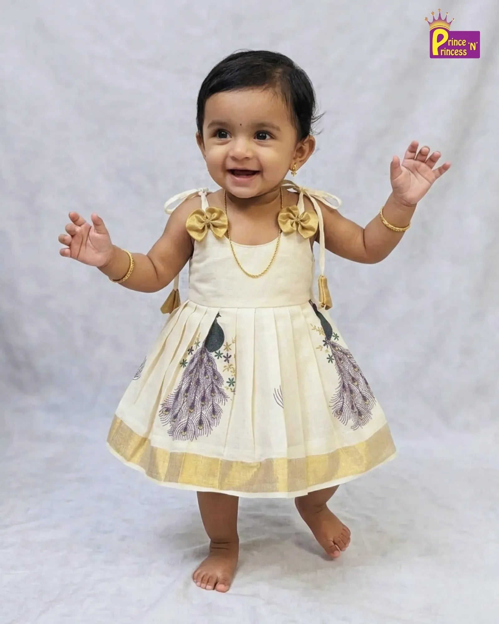 Newborn Kerala Kasavu Pattu Frock Half White | Onam Vishu Baby Dress LF585 - Prince N Princess