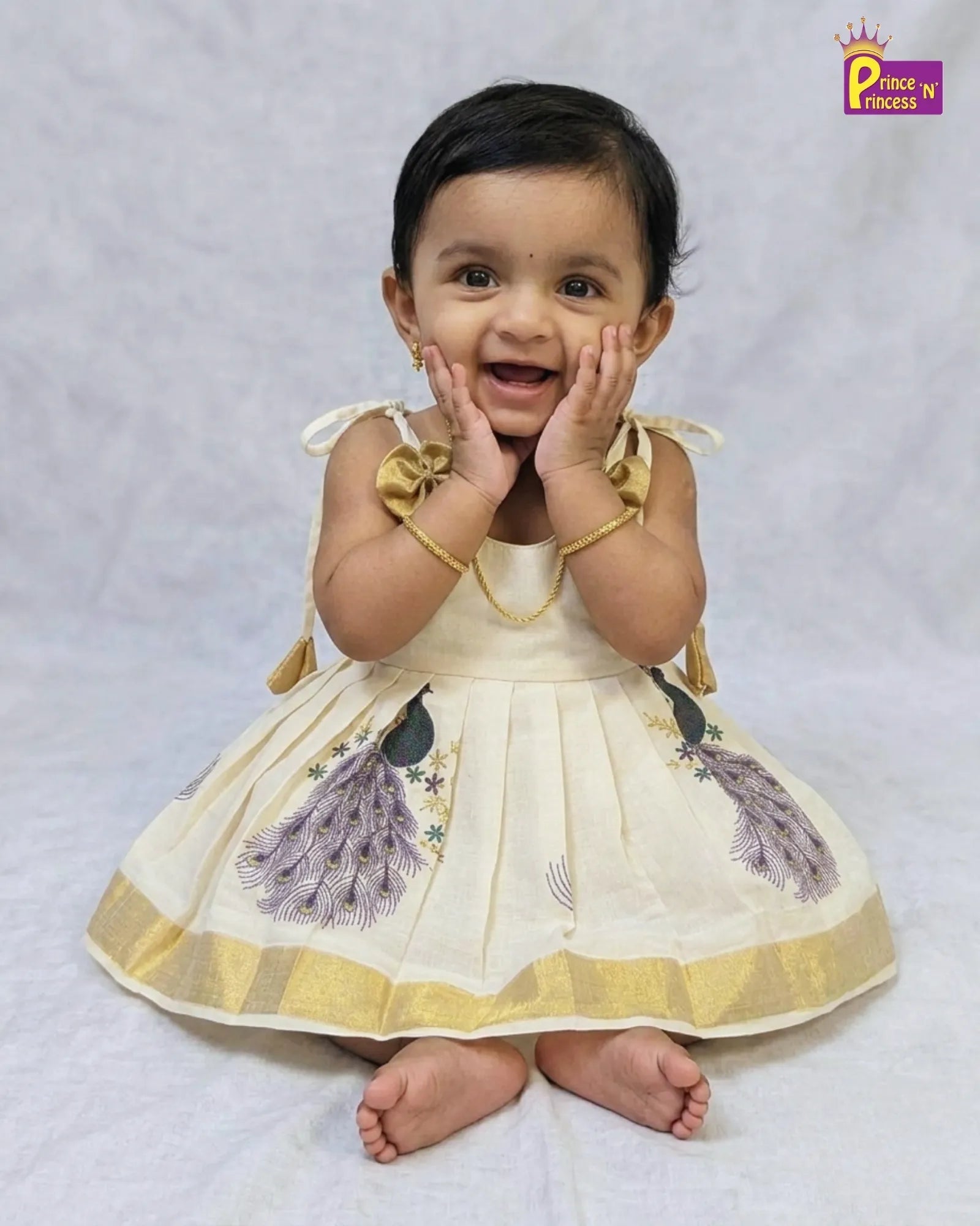 Newborn Kerala Kasavu Pattu Frock Half White | Onam Vishu Baby Dress LF585 - Prince N Princess