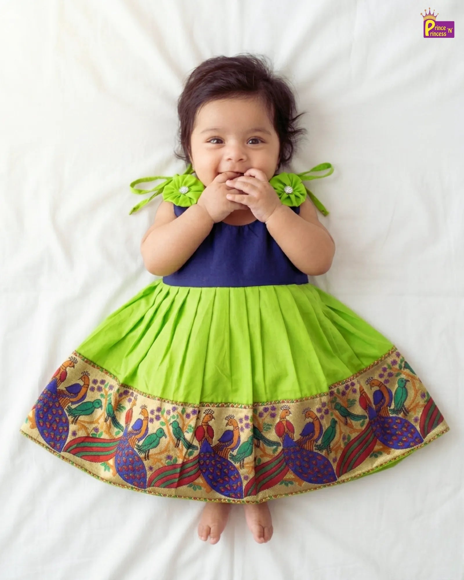 Newborn Lakshana Frock Peacock Border Navy Green Raw Silk