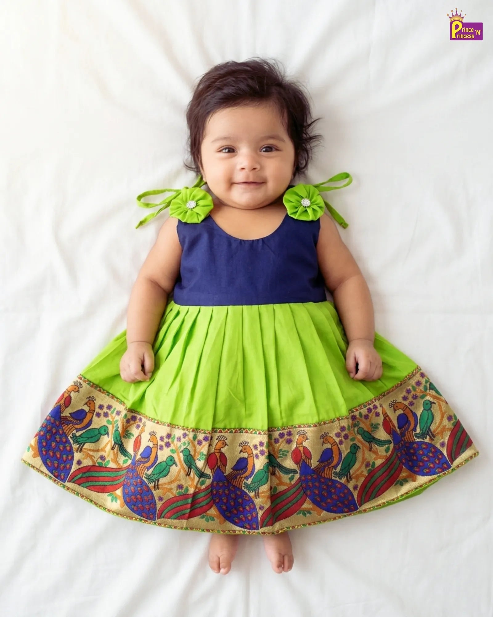 Newborn Lakshana Frock Peacock Border Navy Green Raw Silk