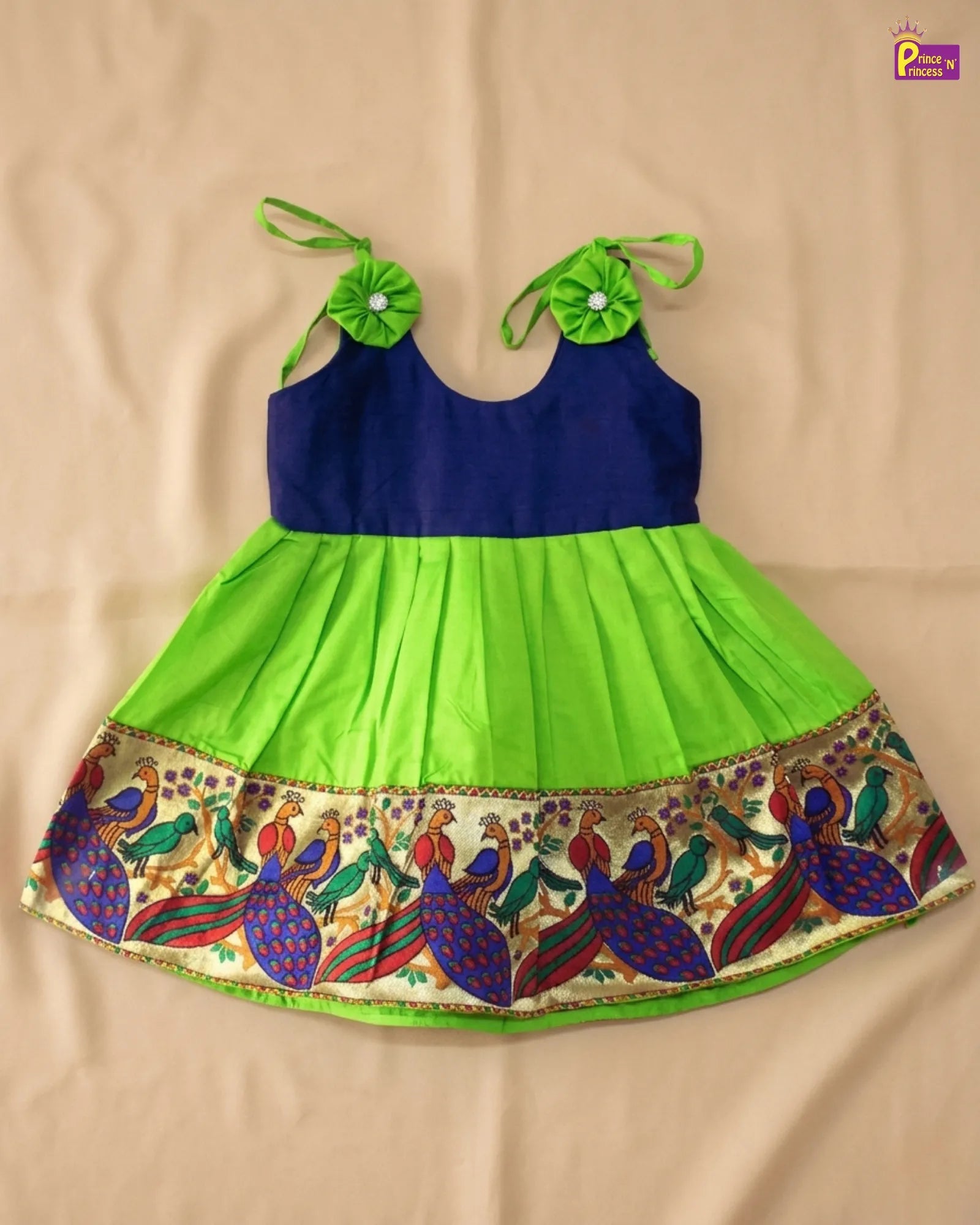 Newborn Lakshana Frock Peacock Border Navy Green Raw Silk