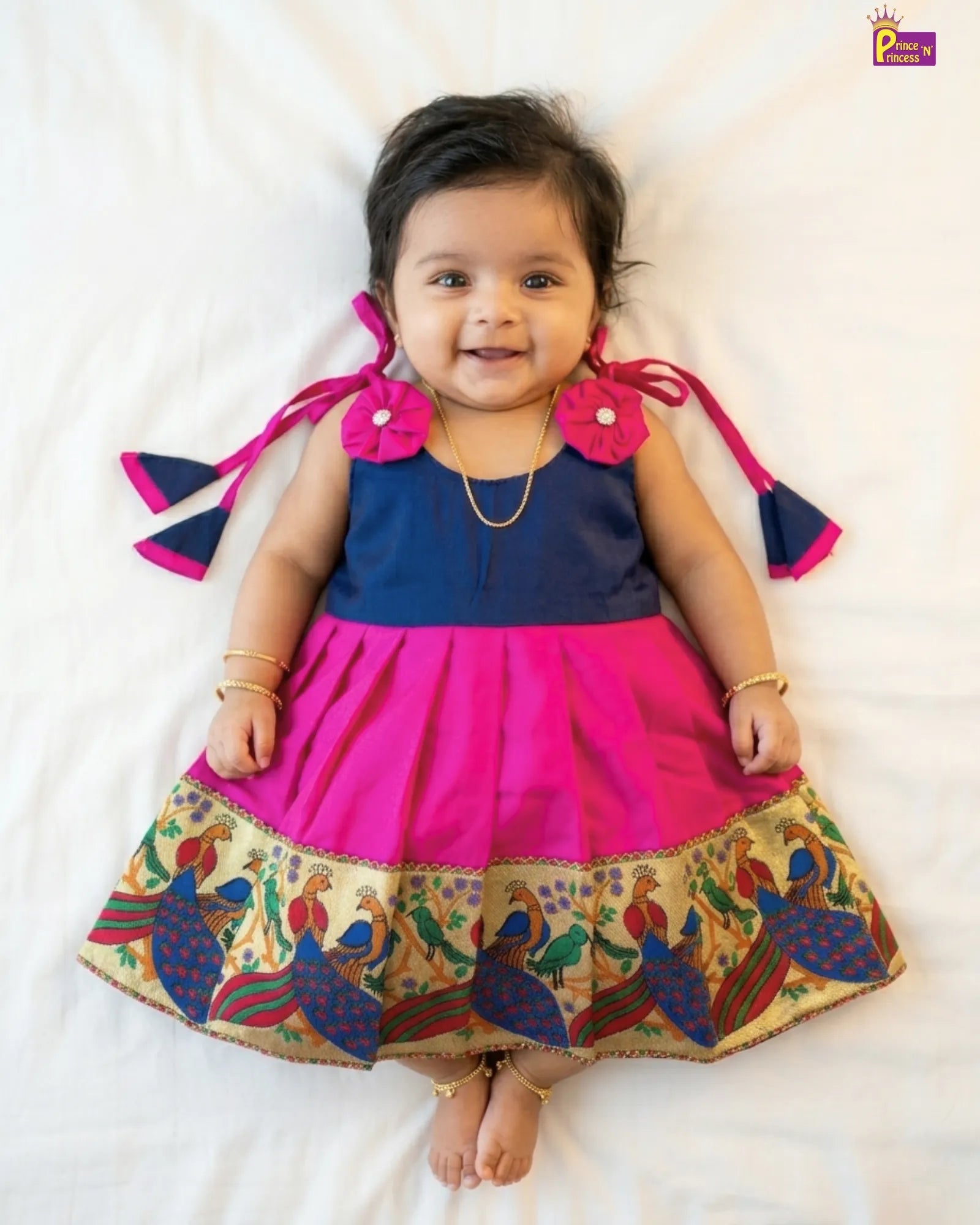 princenprincess pink pattu frock with pink bow cute smile baby