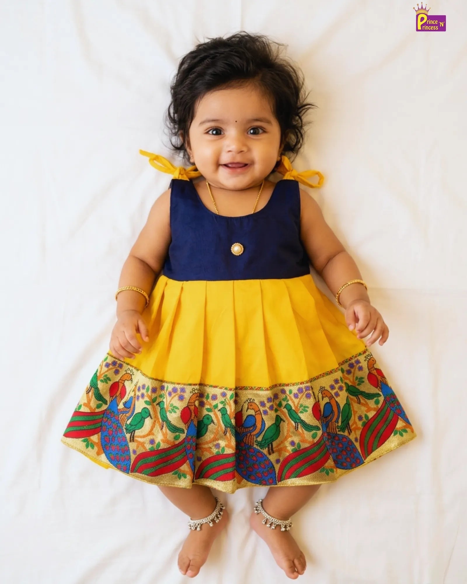 princenprincess yellow pattu frock for newborn babies with soft fabric