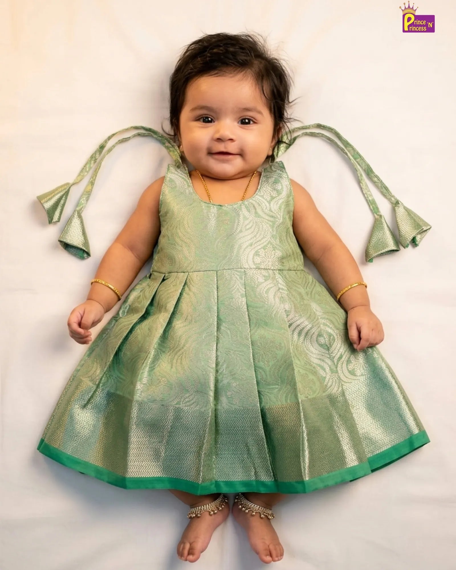 Newborn Silver Green Banarasi Silk Pattu Frock - LF1896 for kids festival wear