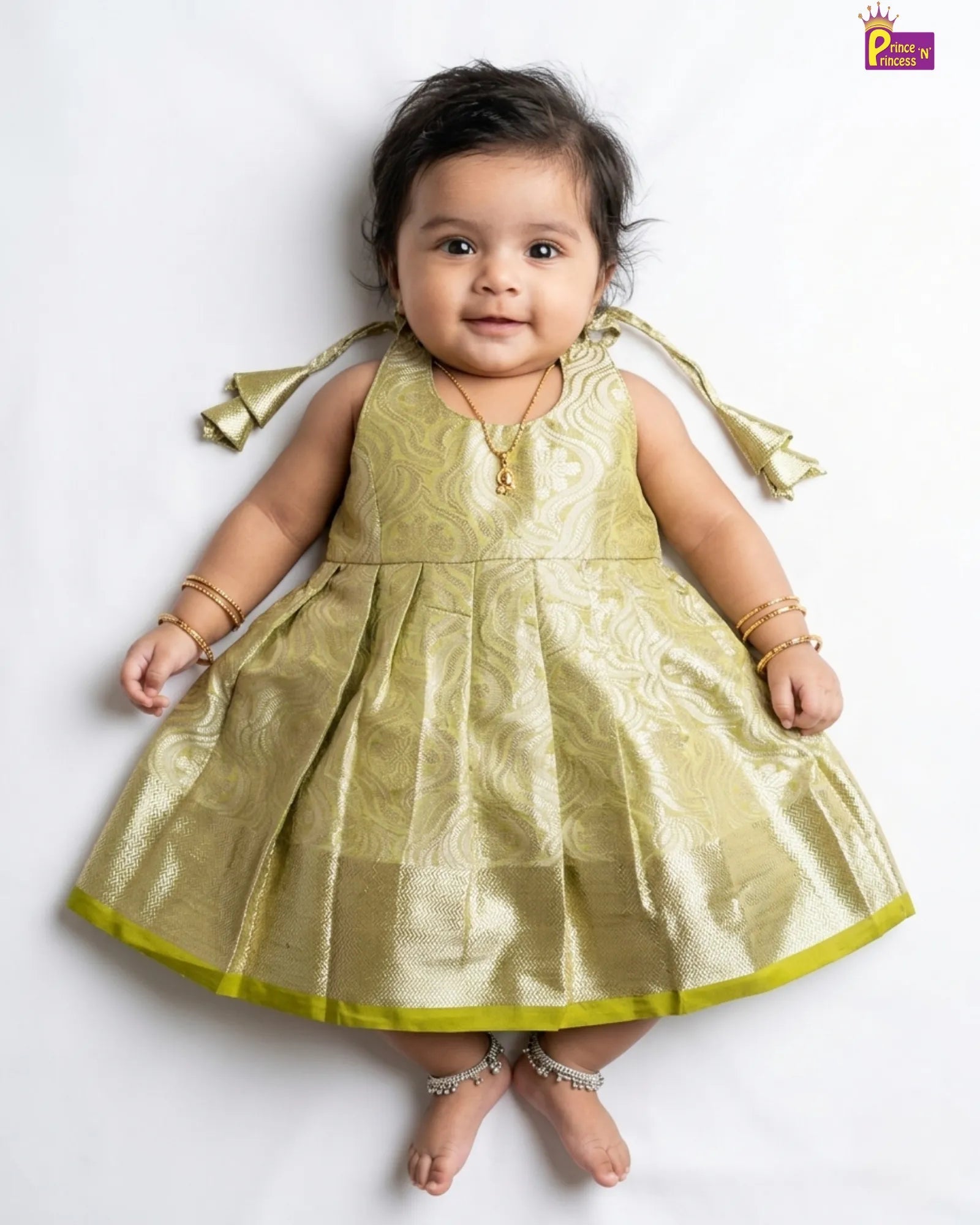 Newborn Silver Lime Green Banarasi Silk Pattu Frock - LF1898 for kids festival wear