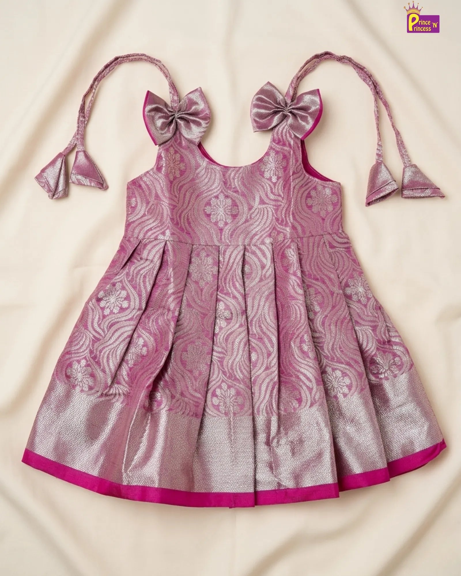 Newborn Silver Pink Bow Banarasi Silk Pattu Frock - LF1913 for kids festival wear