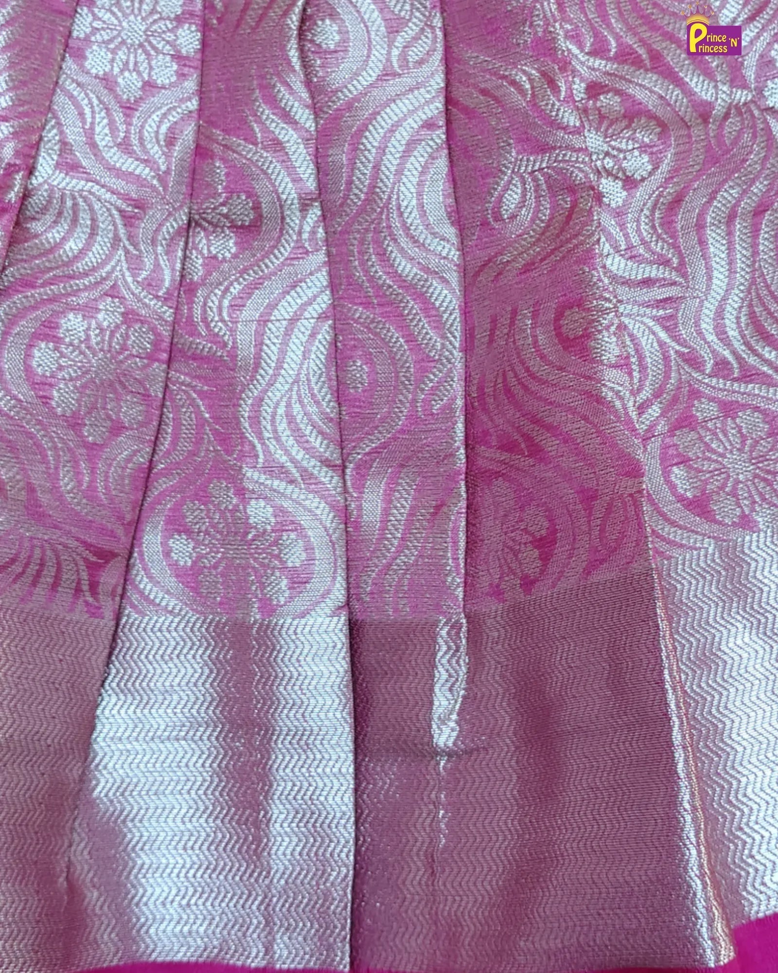 Newborn Silver Pink Bow Banarasi Silk Pattu Frock - LF1913 for kids festival wear