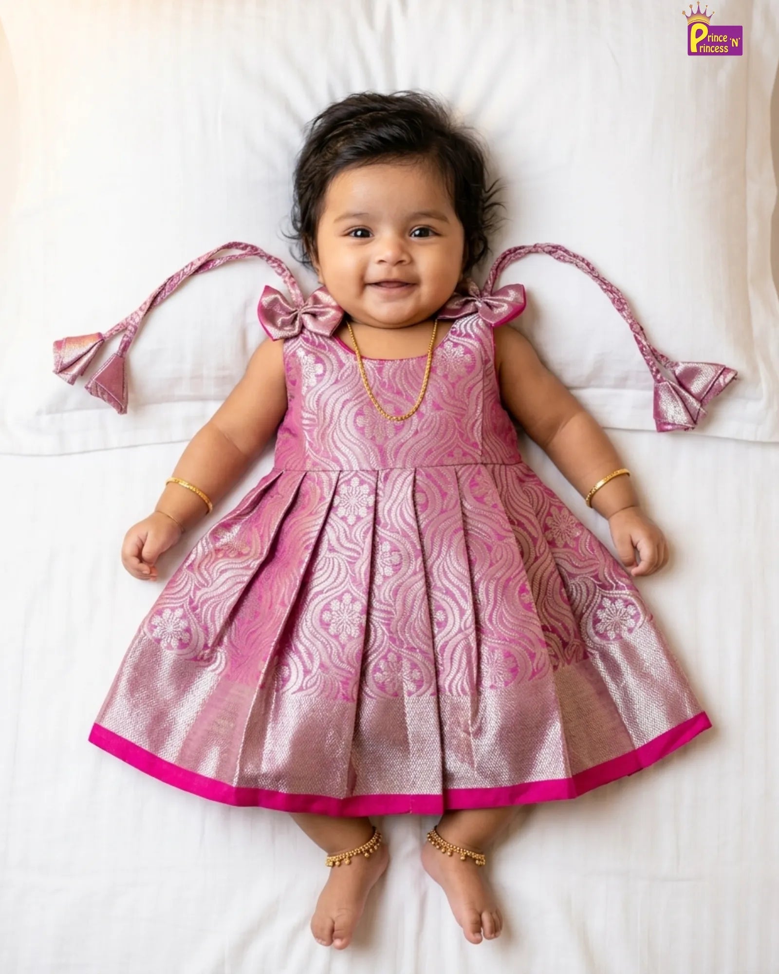 Newborn Silver Pink Bow Banarasi Silk Pattu Frock - LF1913 for kids festival wear