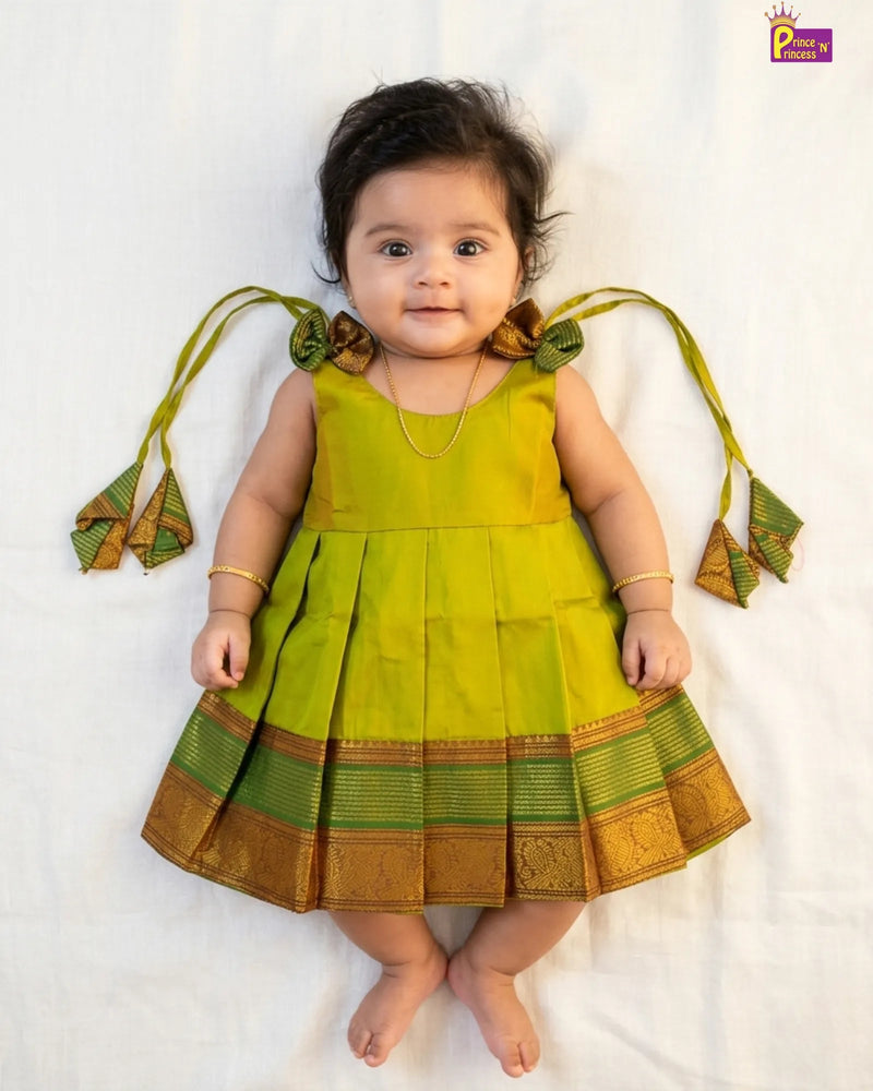 Newborn festive pattu frock Banarasi silk green dark pink baby ethnic dress