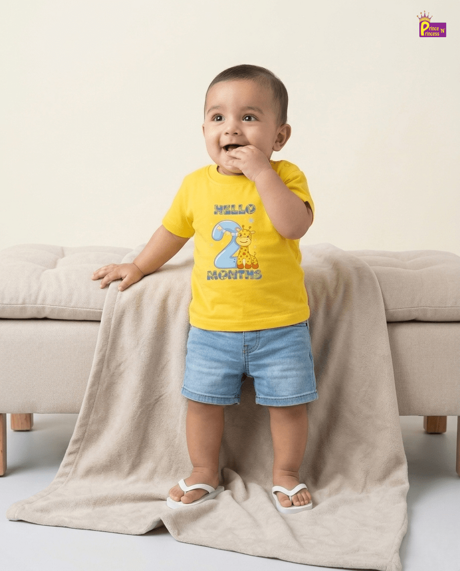 Newborn Yellow Tees "Hello 2 Months" – Soft Cotton | Giraffe & Stars Milestone Outfit | Short Sleeve Baby Tees NPT059 for kids festival wear