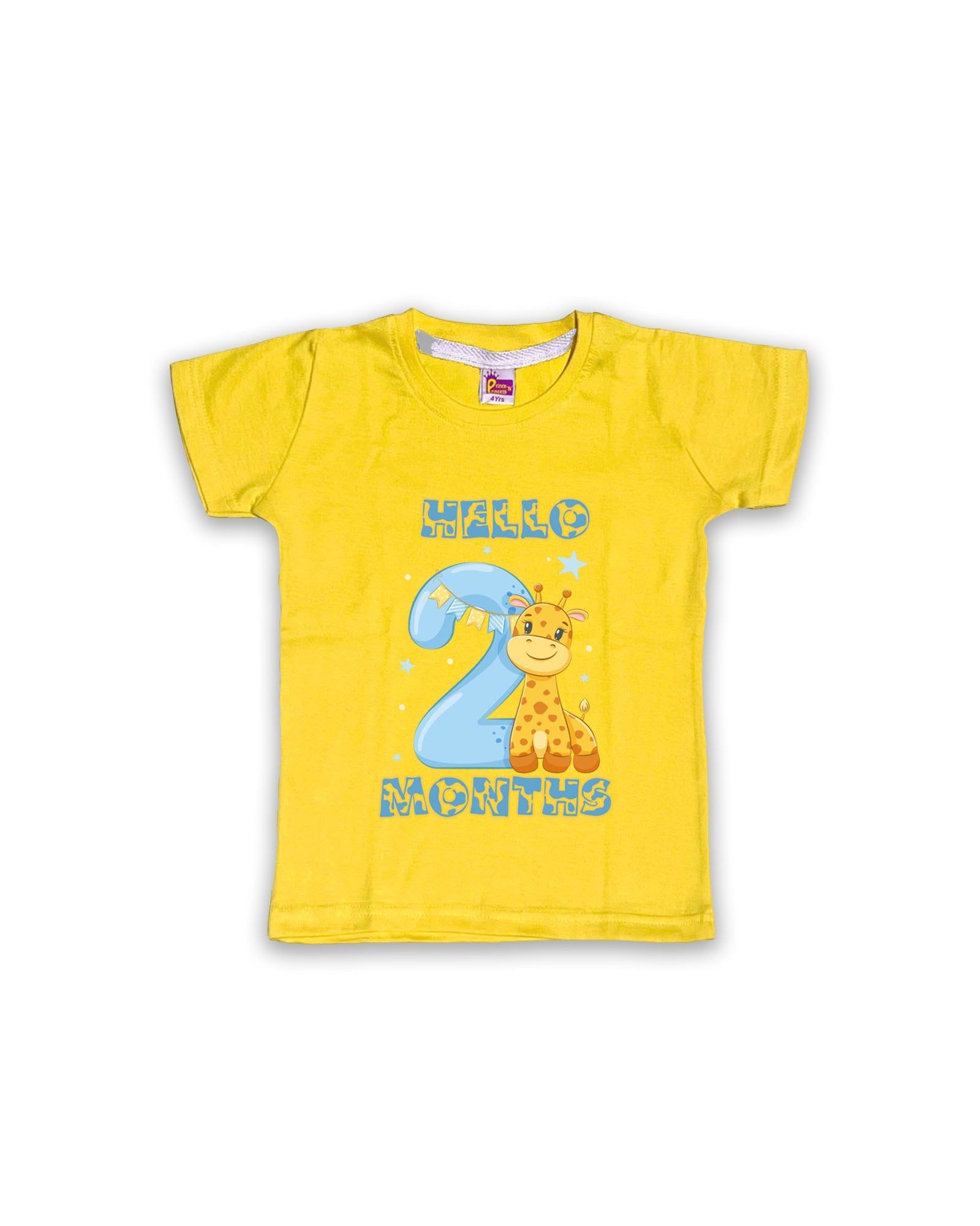 Newborn Yellow Tees "Hello 2 Months" – Soft Cotton | Giraffe & Stars Milestone Outfit | Short Sleeve Baby Tees NPT059 for kids festival wear