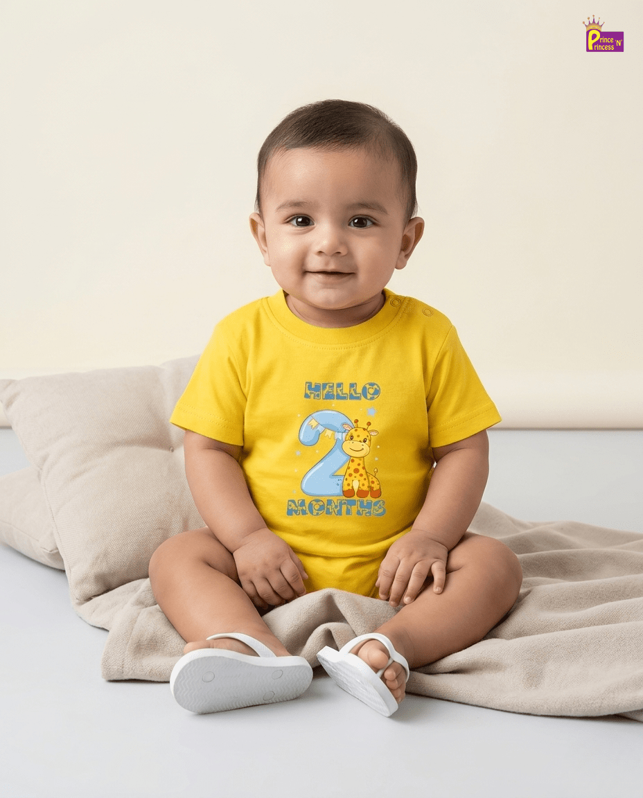 Newborn Yellow Tees "Hello 2 Months" – Soft Cotton | Giraffe & Stars Milestone Outfit | Short Sleeve Baby Tees NPT059 for kids festival wear