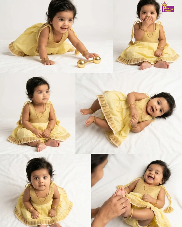 Newborn Baby Girl Yellow Organza Silk Frock – Gold Brocade Bodice Ruffle Hem Naming Dress LF1936