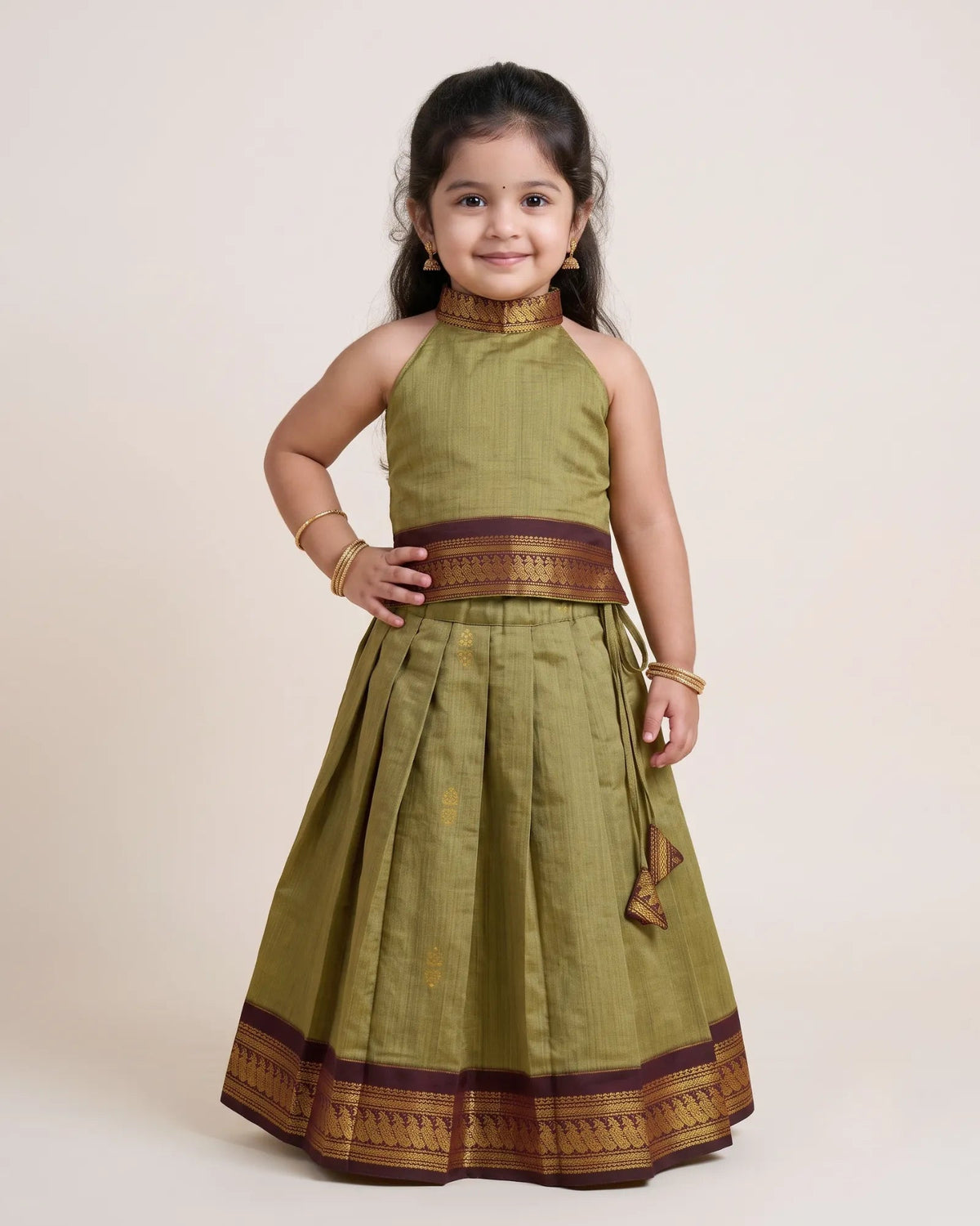 Olive Green Kalyani Cotton Halter Pattu Pavadai - Diwali Pongal Set PPP2167 for kids festival wear