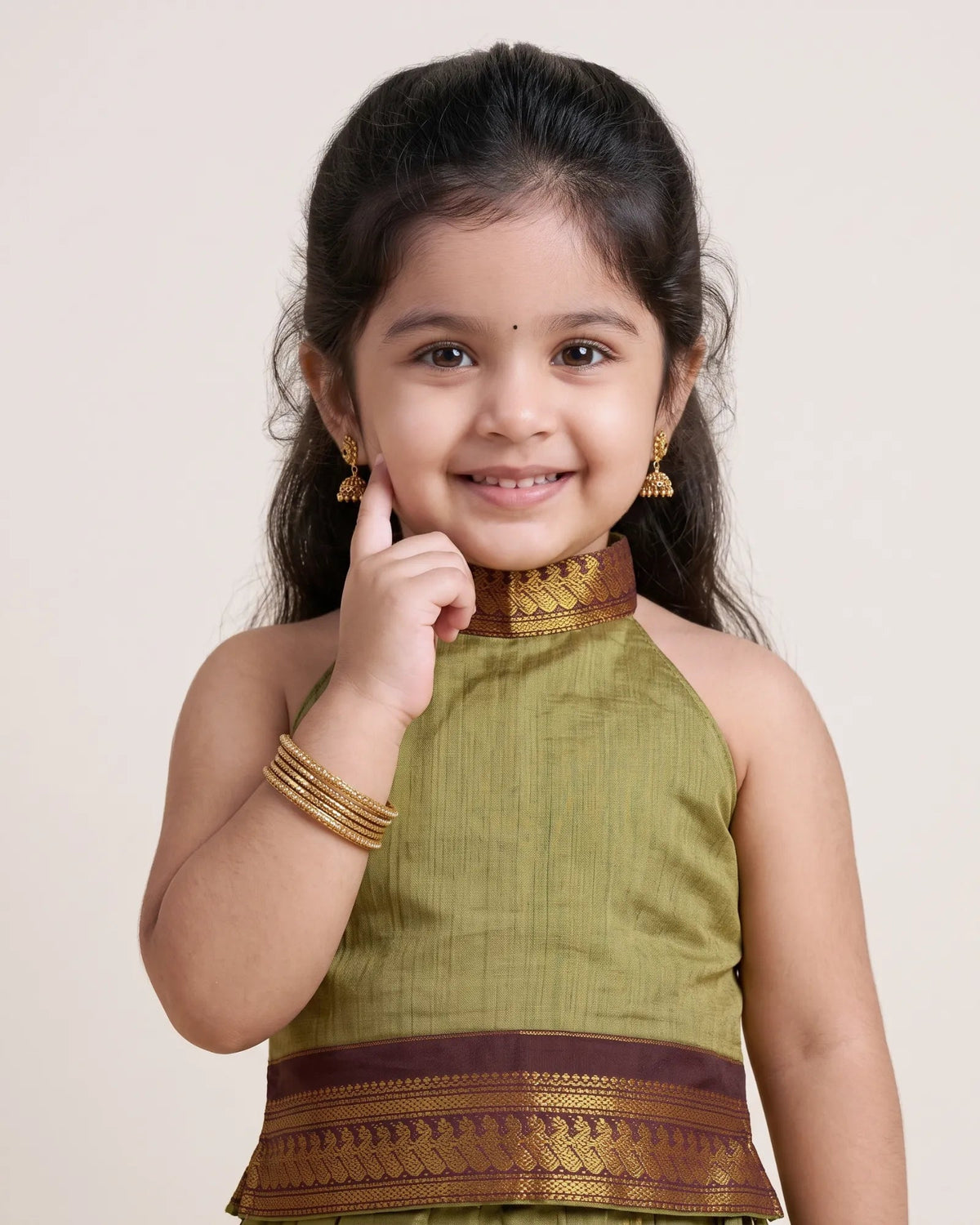 Olive Green Kalyani Cotton Halter Pattu Pavadai - Diwali Pongal Set PPP2167 for kids festival wear