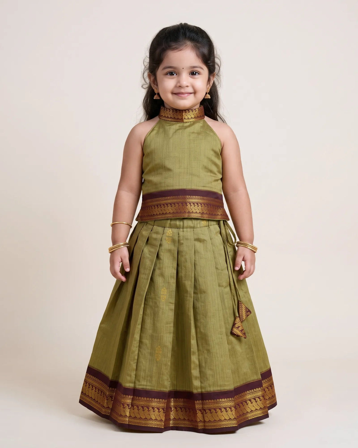 Olive Green Kalyani Cotton Halter Pattu Pavadai - Diwali Pongal Set PPP2167 for kids festival wear