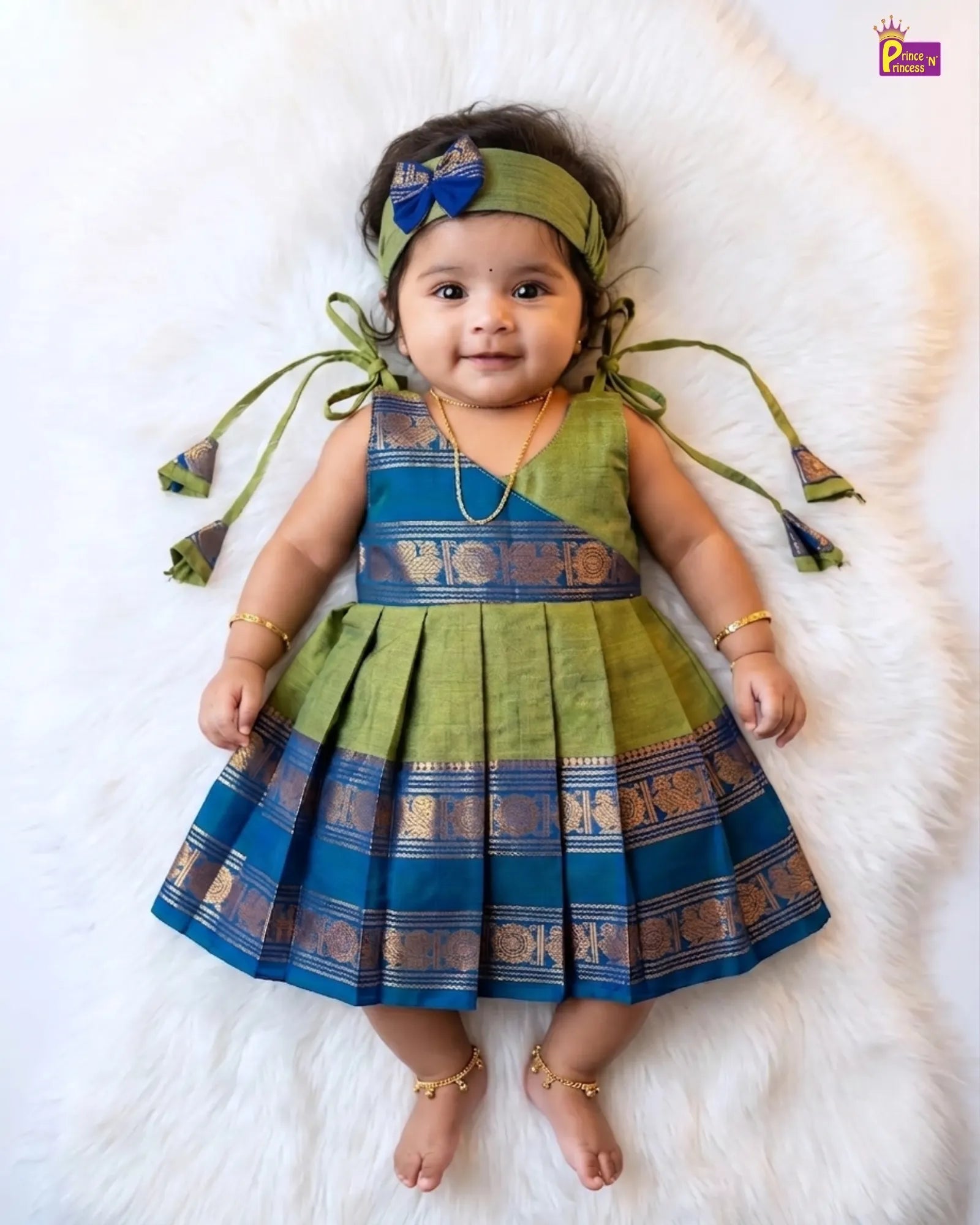 Olive Green Teal Chettinad Cotton Pattu Frock | Baby Girl Ethnic Frock LF2039 for kids festival wear
