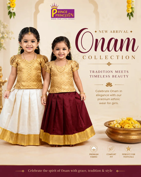 Baby Girl Golden & Cream Kerala Skirt Set - Onam  Pattu Pavadai Dress PPP2090