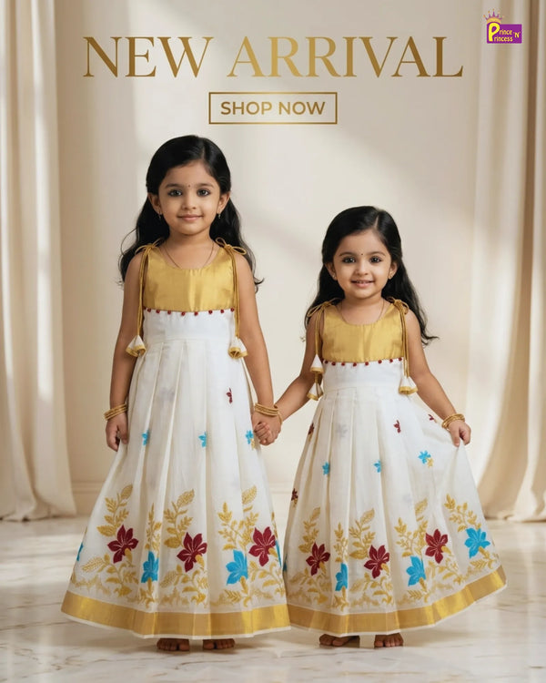Girls Kerala Kasavu with Golden Traditional Long Gown - Colorful Flower Embordiary PG702