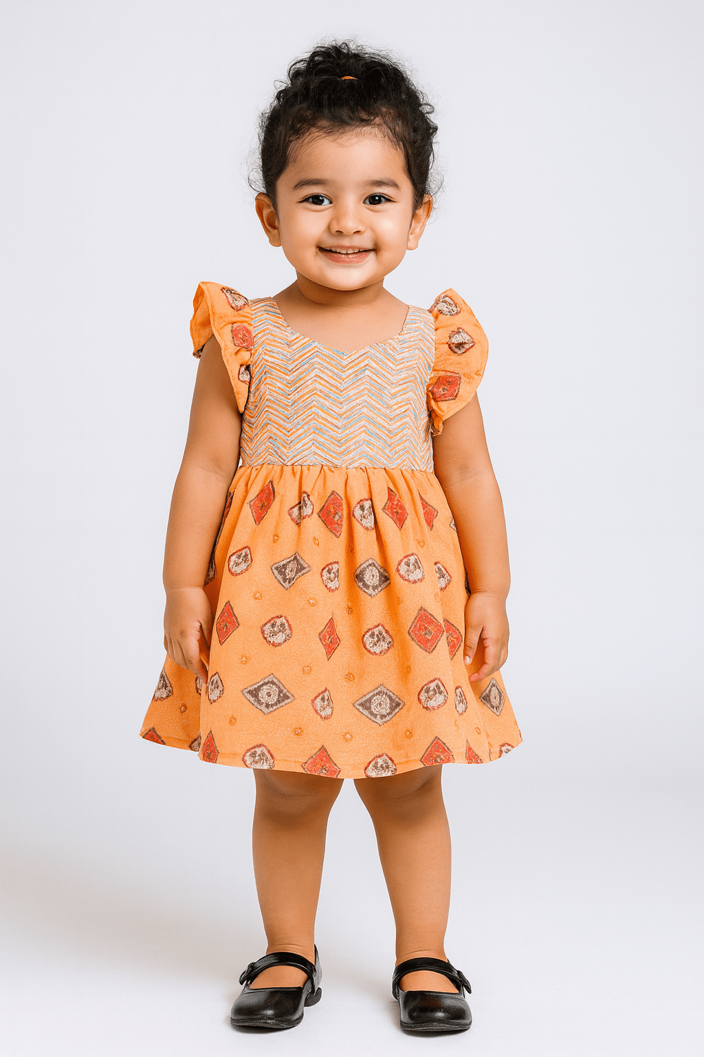 Orange Foil Print Cotton Frock CF273 - Prince N Princess