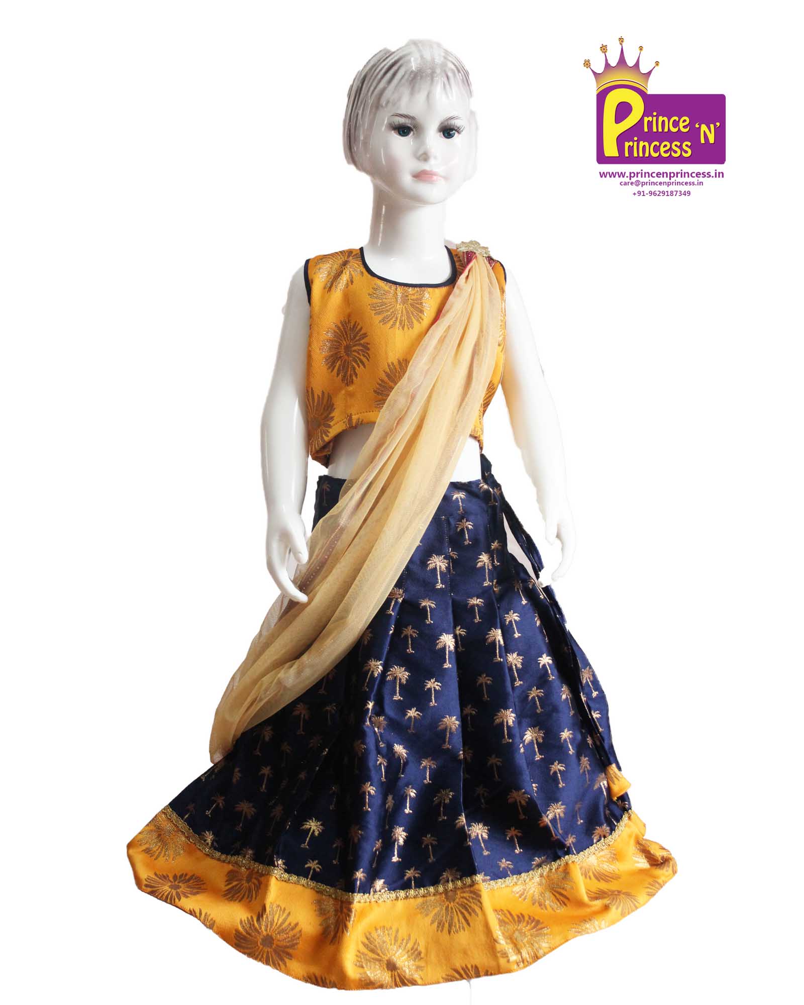 Orange with Navy Blue Traditional Half saree for Little Princess HF008 - Prince N Princess