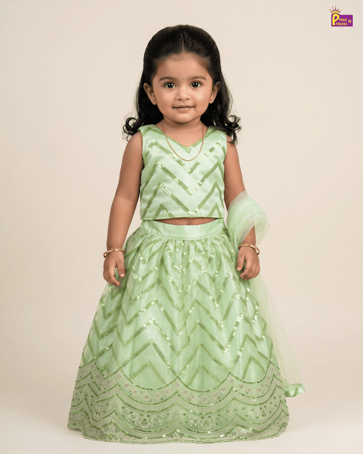 Pastel Green Chevron Embroidered Lehenga Choli with Net Dupatta for Girls LC138 for kids festival wear