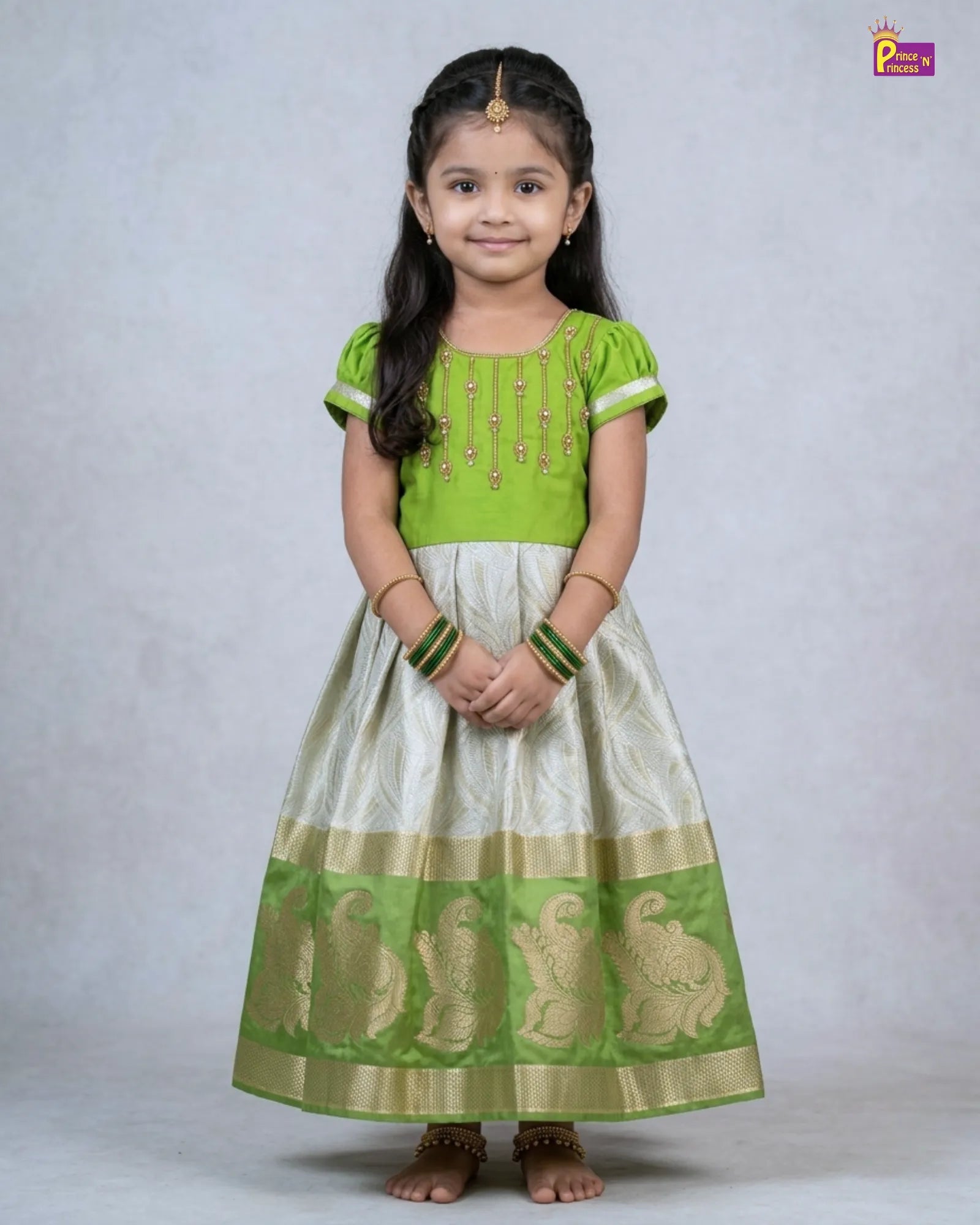 Pattu Gown for Girls Green Silk Traditional Festive Dress - Parrot Green PG652 for kids festival wear