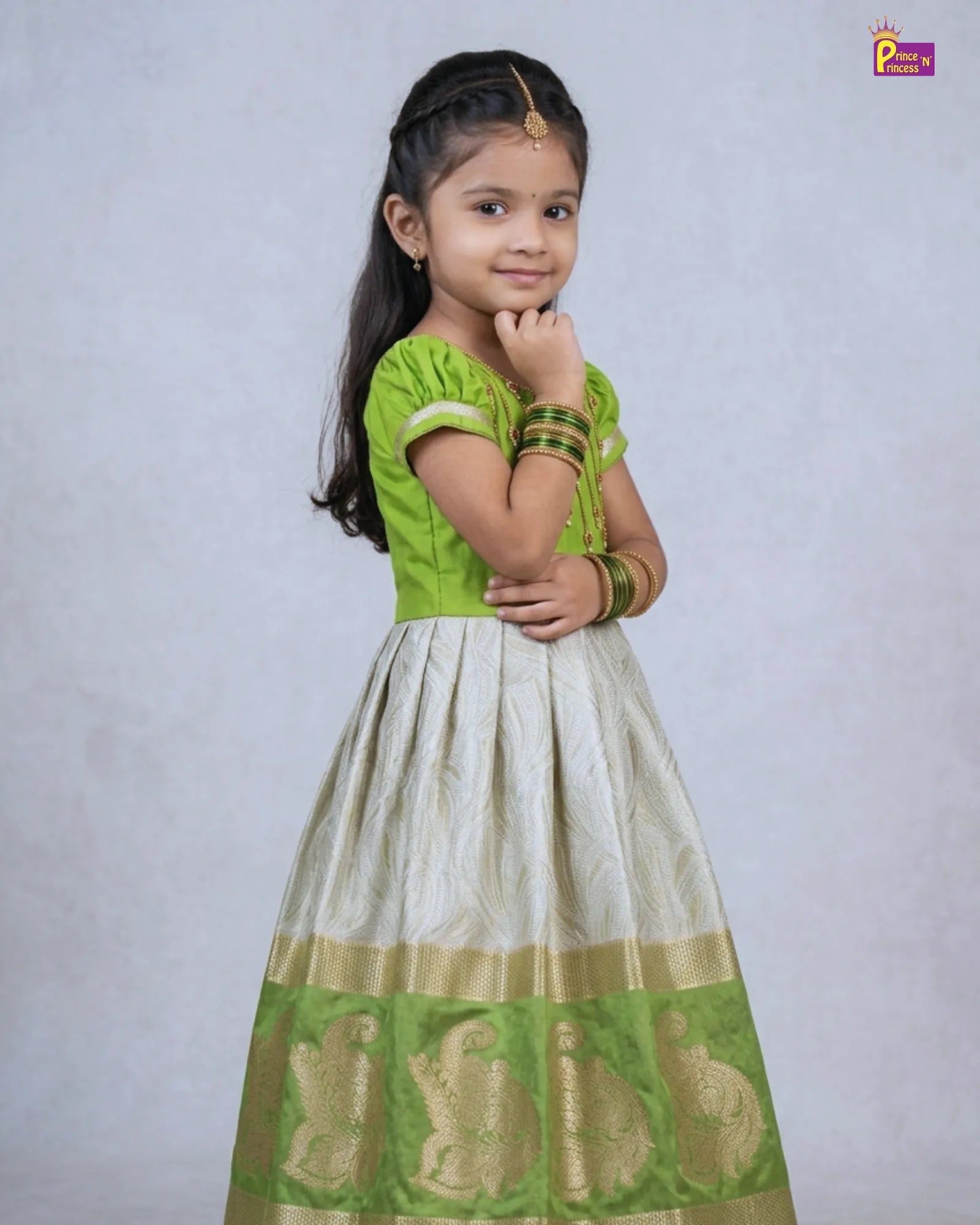 Pattu Gown for Girls Green Silk Traditional Festive Dress - Parrot Green PG652 for kids festival wear