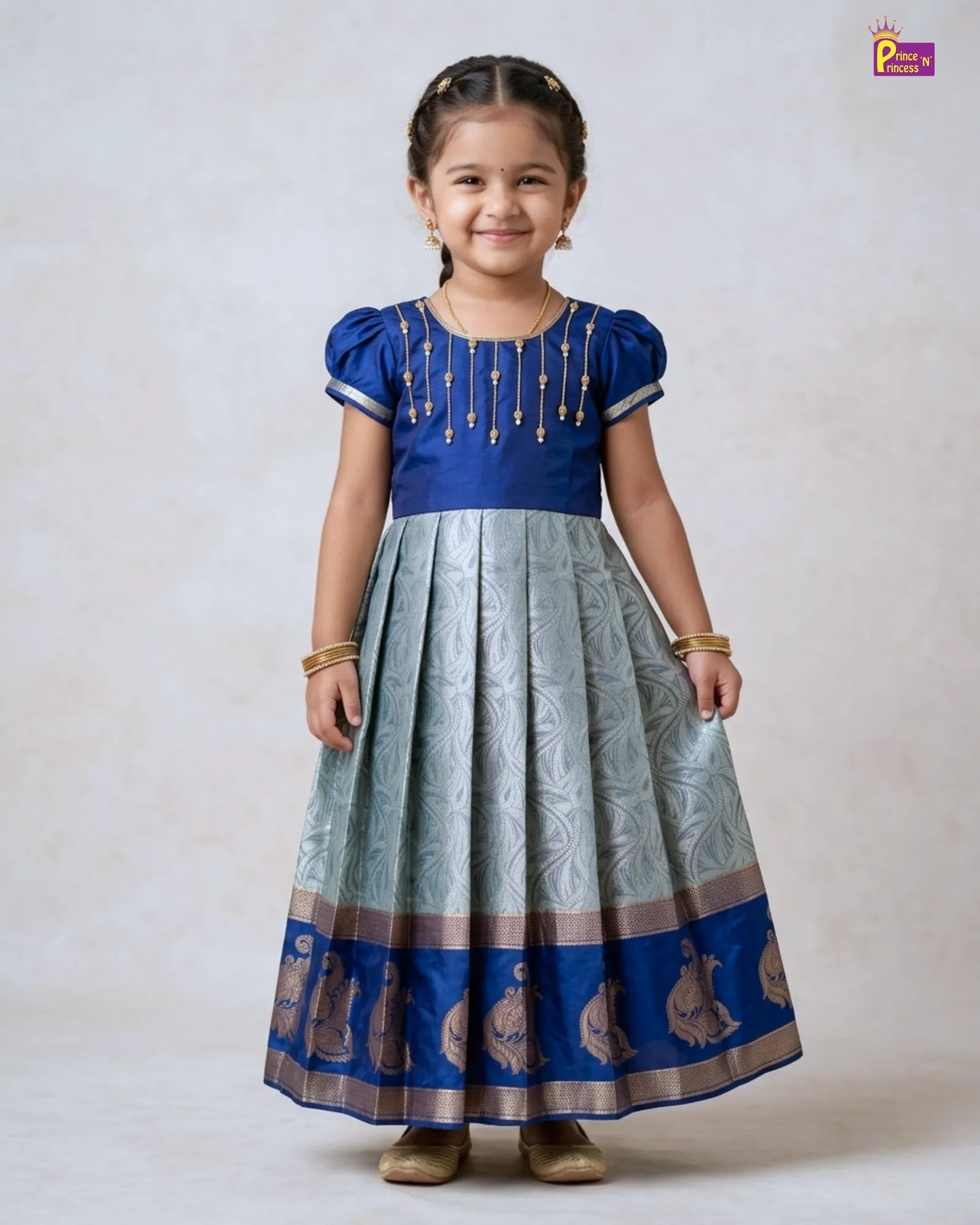Pattu Gown for Girls Navy Blue Banarasi Festive Dress - PG651 for kids festival wear