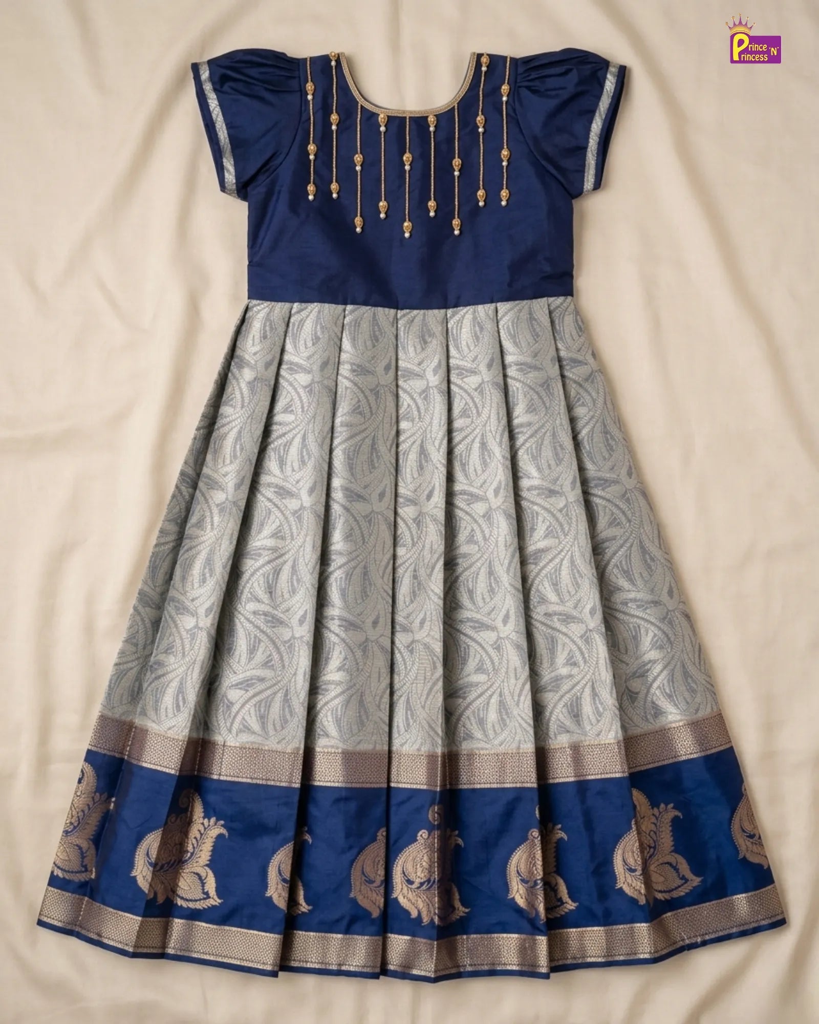 Pattu Gown for Girls Navy Blue Banarasi Festive Dress - PG651 for kids festival wear