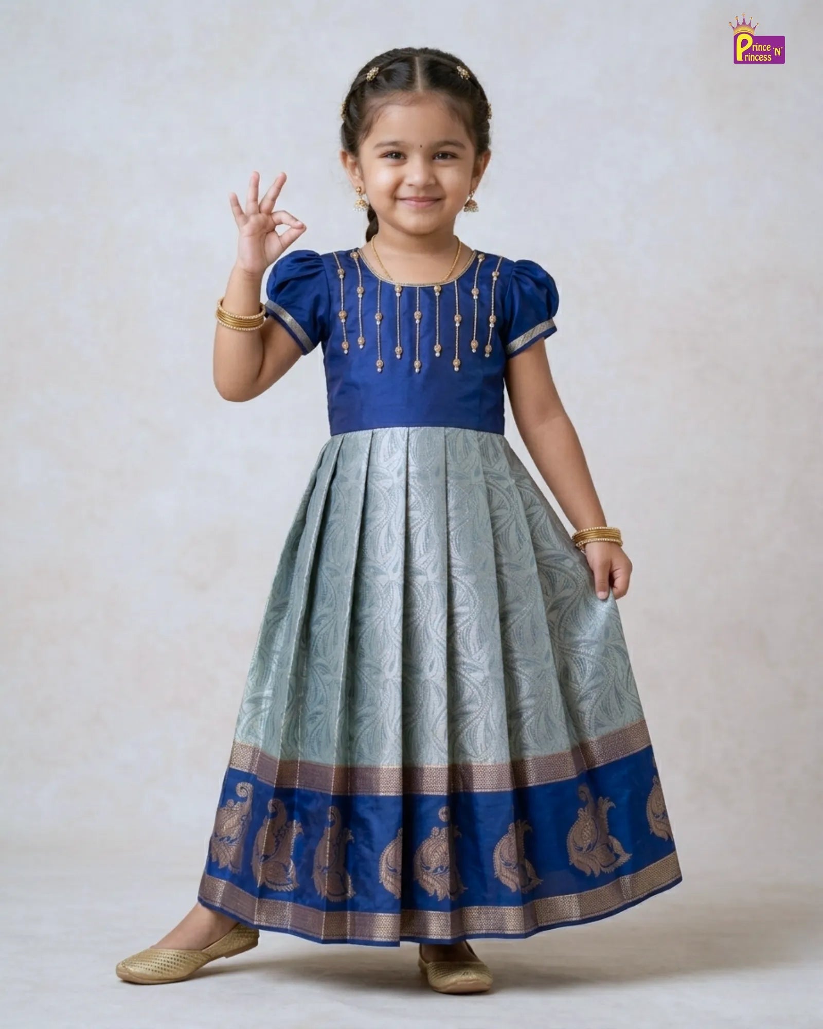 Pattu Gown for Girls Navy Blue Banarasi Festive Dress - PG651 for kids festival wear