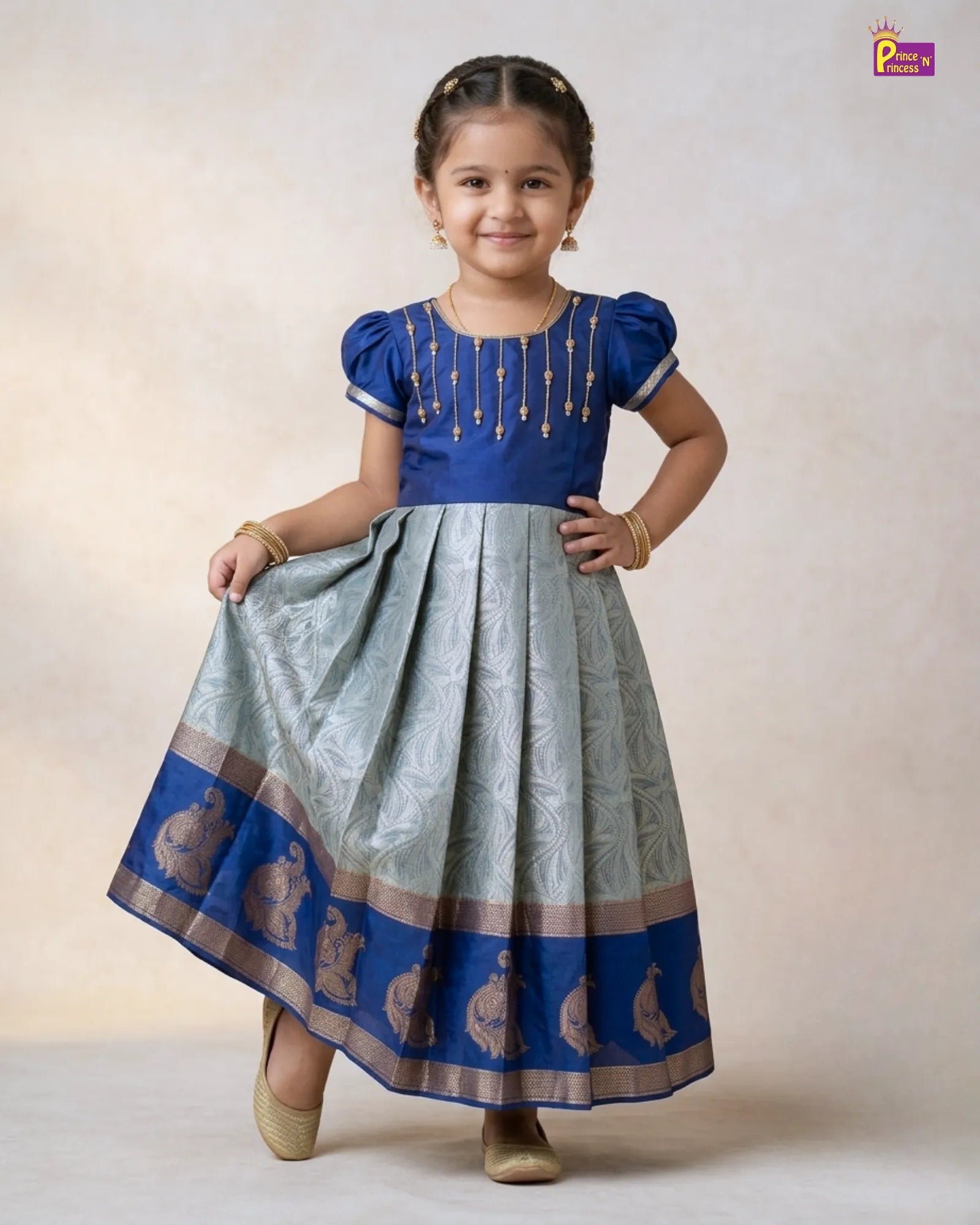 Pattu Gown for Girls Navy Blue Banarasi Festive Dress - PG651 for kids festival wear