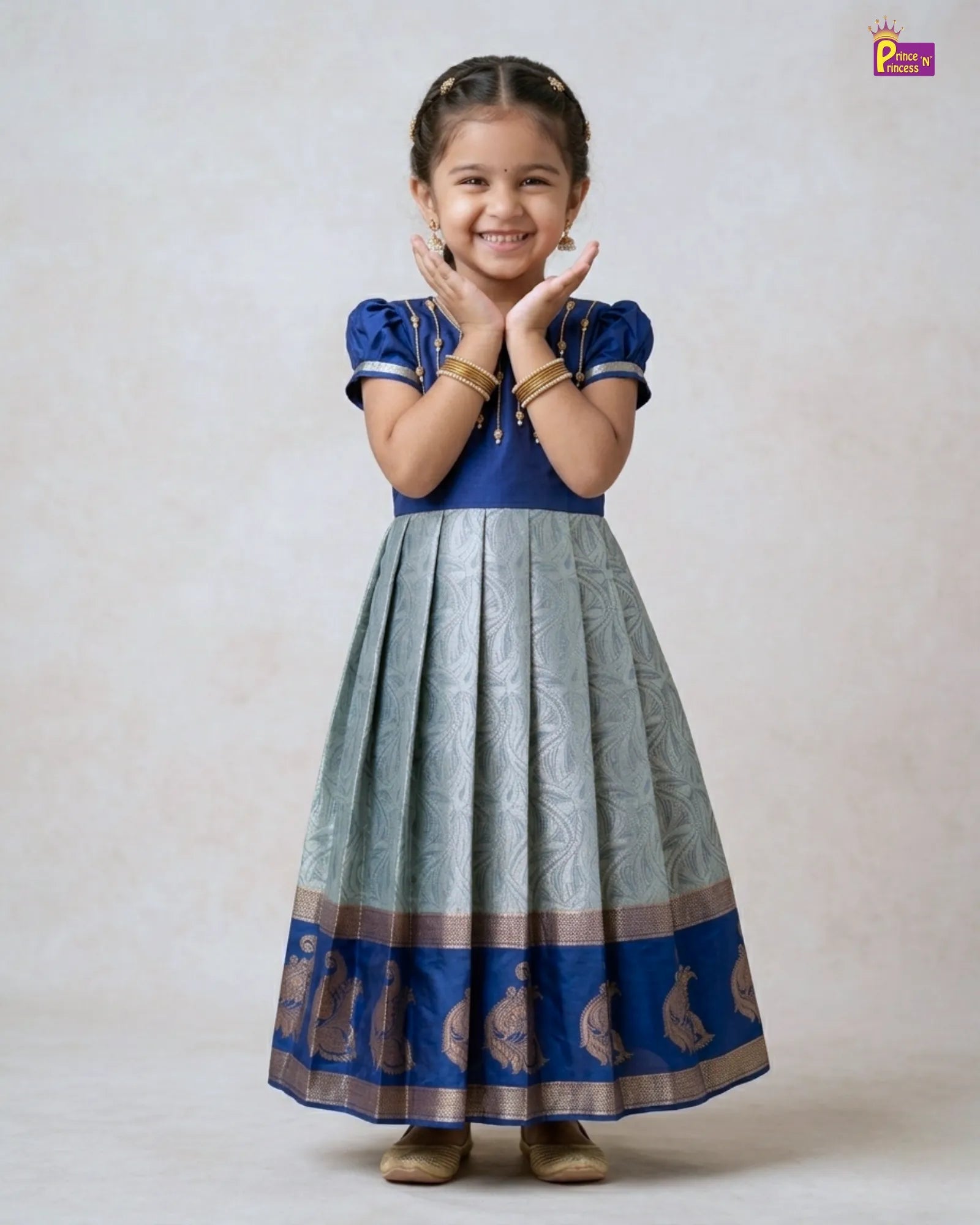 Pattu Gown for Girls Navy Blue Banarasi Festive Dress - PG651 for kids festival wear