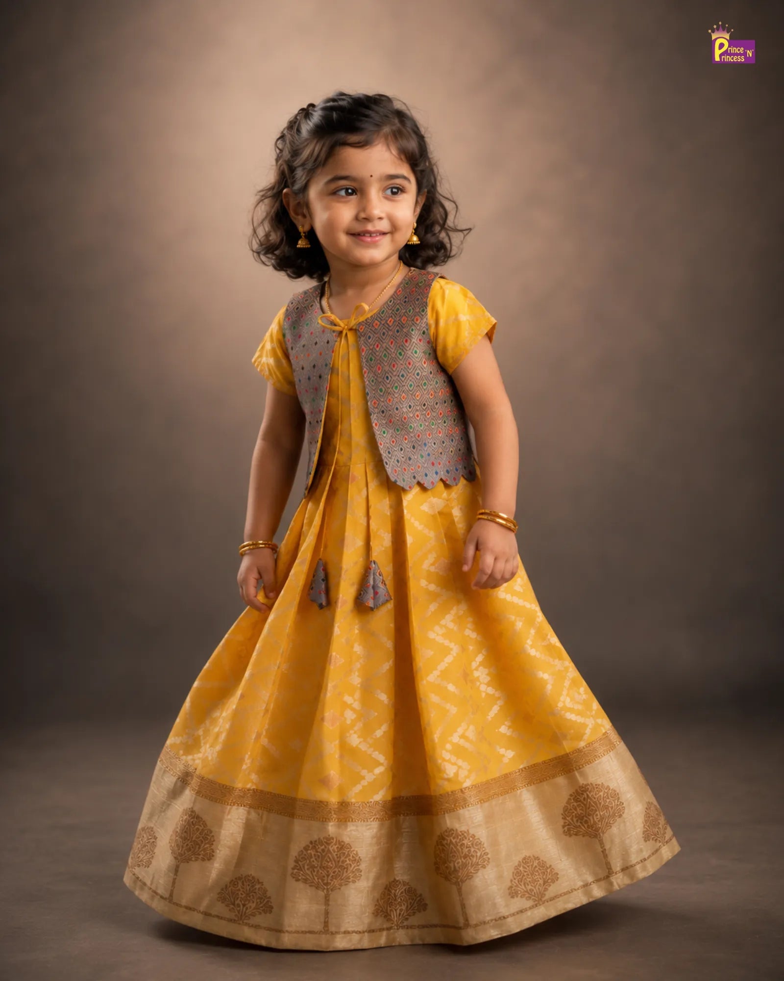 Pattu Gown Yellow with Banarasi Coat | Baby Girl Festival Wear PG704 for kids festival wear