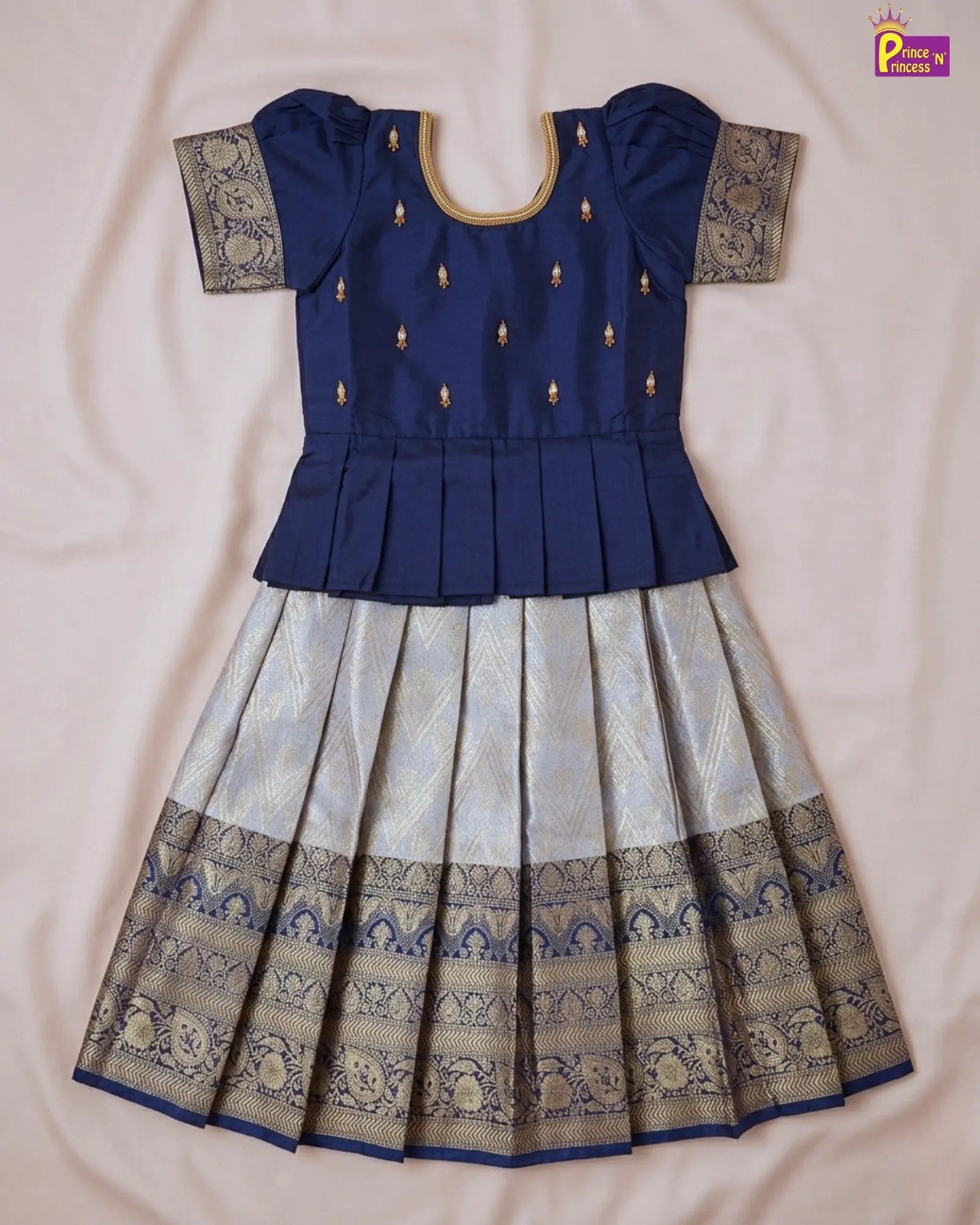 Pattu Pavadai Aari Work Puff Sleeve Navy Gold - Tamil Festival Wear PPP1861 for kids festival wear