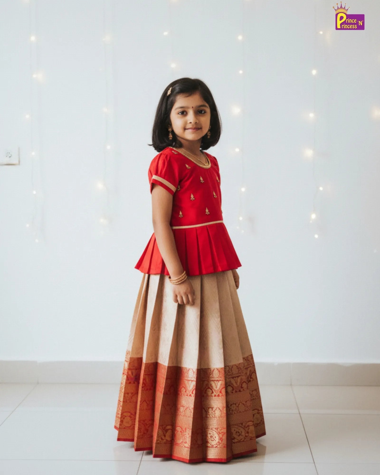 Pattu Pavadai for Girls - Red Aari Work Silk Dress with Puff Sleeves | Prince N Princess PPP1928 - Prince N Princess