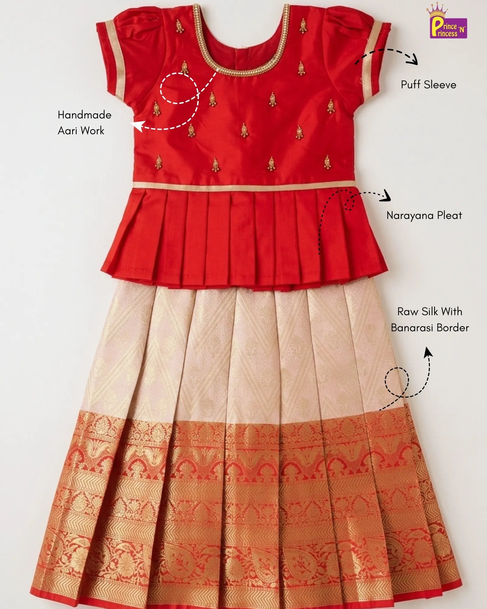 Pattu Pavadai for Girls - Red Aari Work Silk Dress with Puff Sleeves | Prince N Princess PPP1928 - Prince N Princess