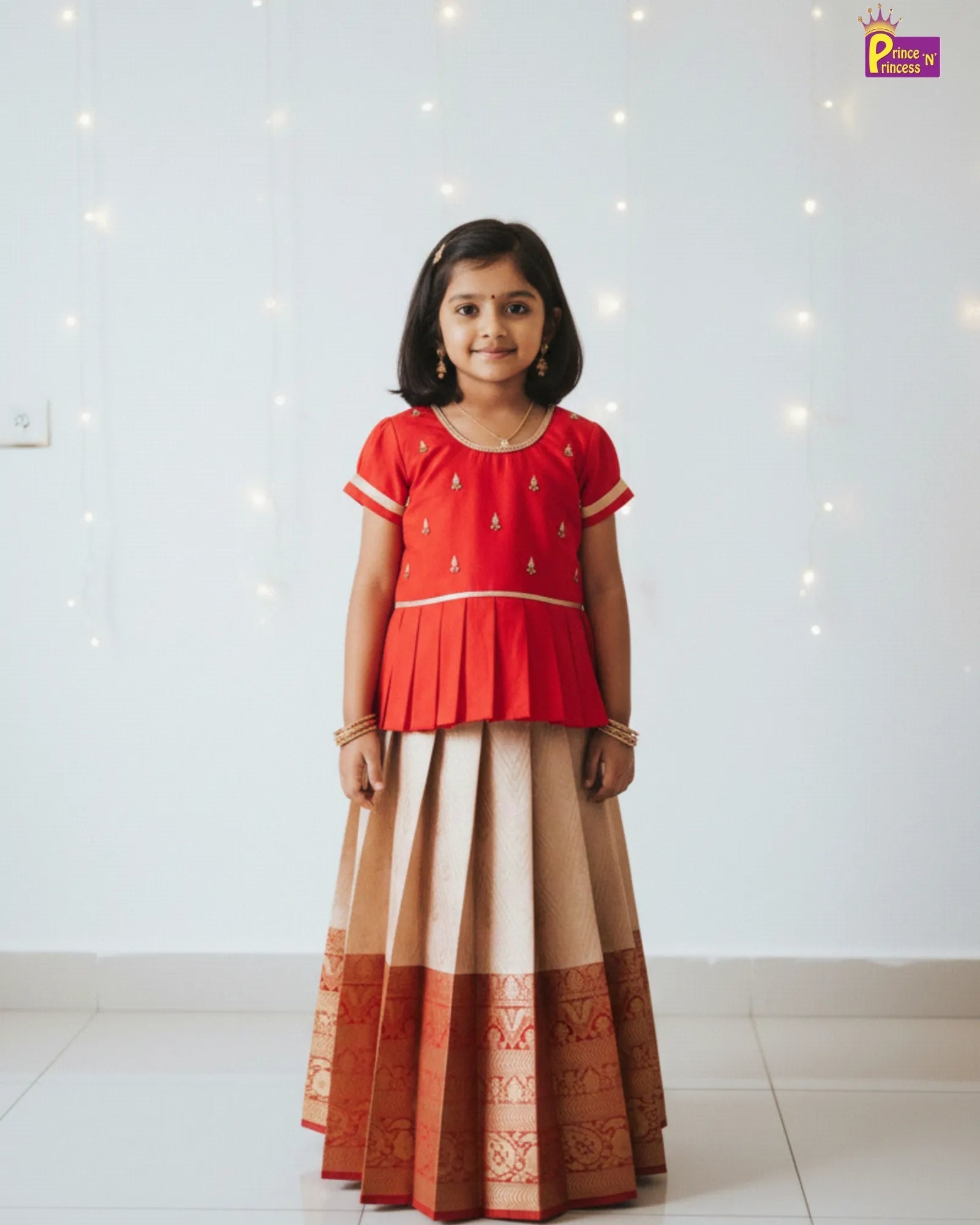 Pattu Pavadai for Girls - Red Aari Work Silk Dress with Puff Sleeves | Prince N Princess PPP1928 - Prince N Princess