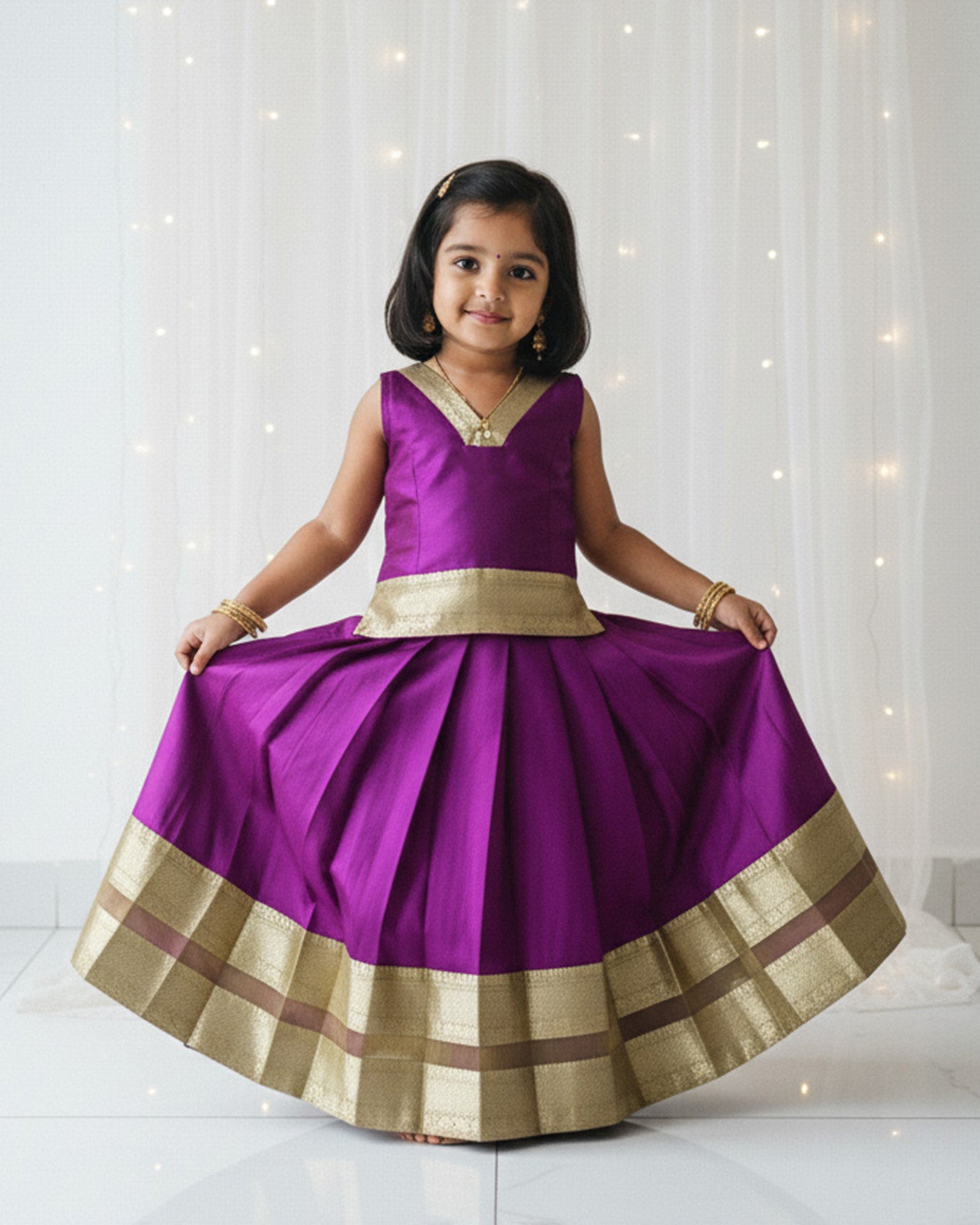 pattu pavadai purple raw silk v neck sleeveless kids festival wear princenprincess