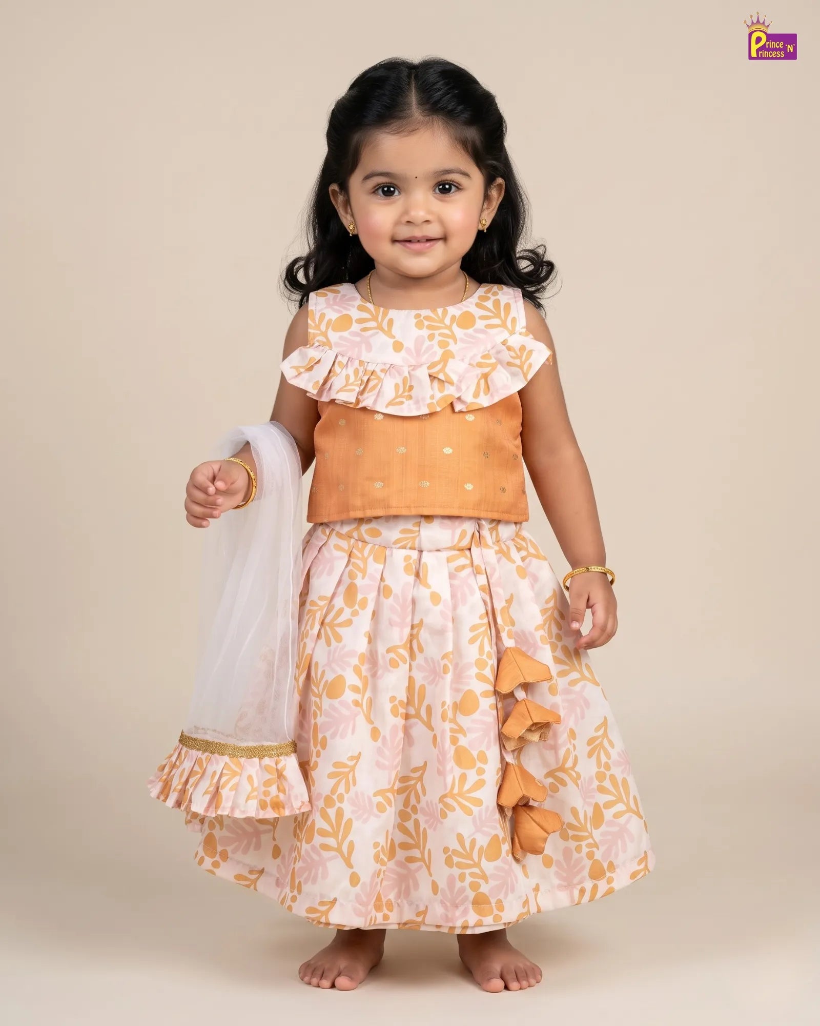 Peach Floral Printed Cotton Lehenga Choli with Net Dupatta for Girls LC251 for kids festival wear