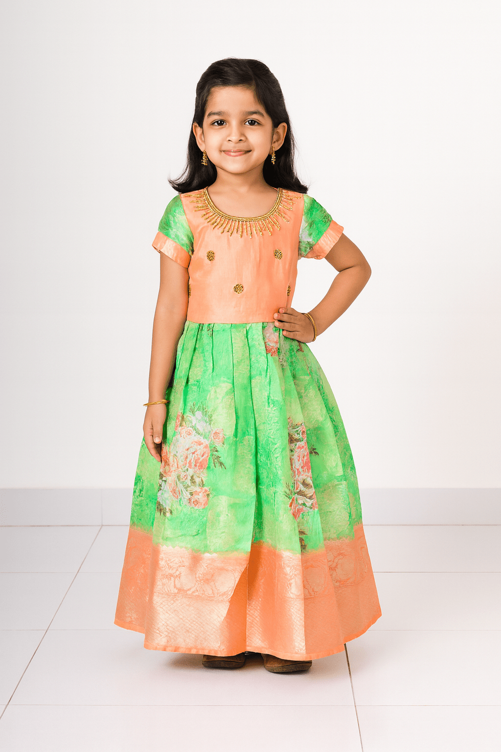 Peach Green Digital Satin AARI Ethnic Party Gown PG352 - Prince N Princess