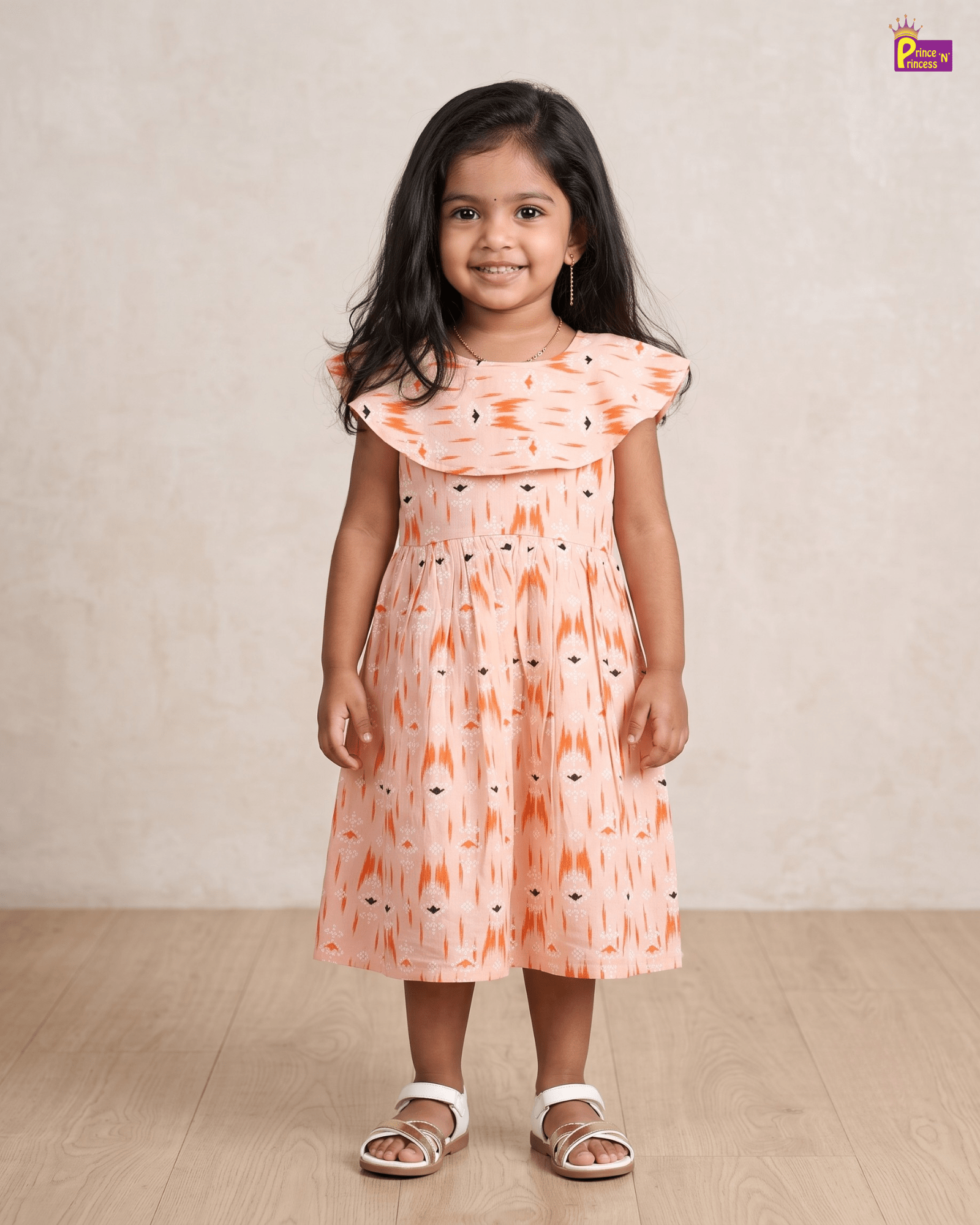 Peach Ikat Cotton Frock for Girls | Cape Ruffle Collar Casual Dress CF295 for kids festival wear