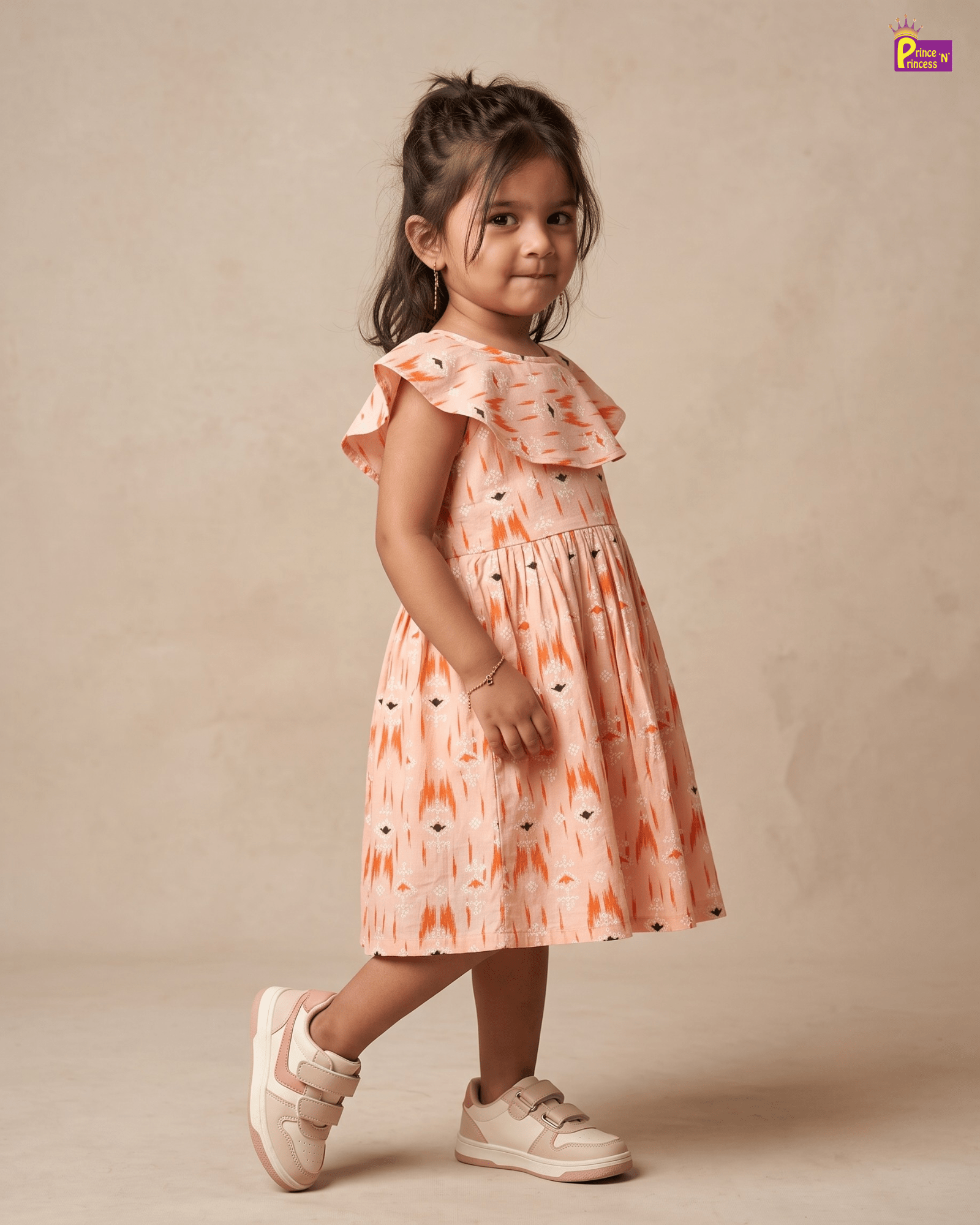 Peach Ikat Cotton Frock for Girls | Cape Ruffle Collar Casual Dress CF295 for kids festival wear