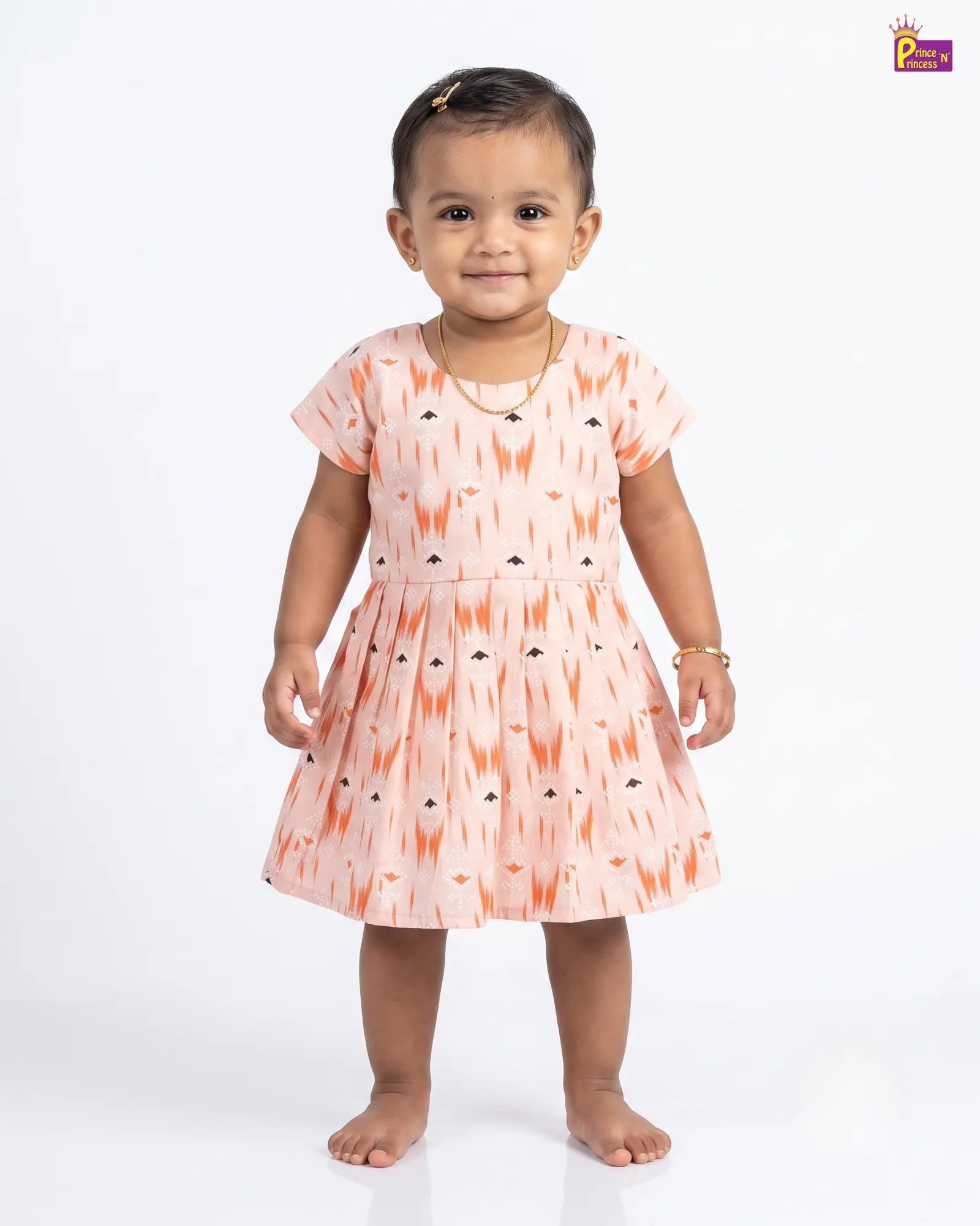 Peach Ikat Print Cotton Frock for Baby Girl | Cap Sleeve Daily Wear CF295 for kids festival wear